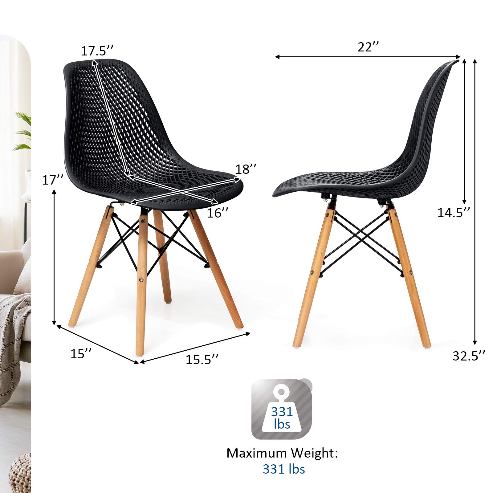 Modern Dining Chairs Set of 2 - Indoor/Outdoor Shell PP Lounge Side Chairs with Mesh Design & Beech Wood Legs - Tulip Leisure Chairs for Kitchen, Dining Room, Patio, and Office - Black