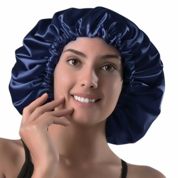 Adjustable Satin Silk Sleep Cap for Curly Hair - Reversible Double Layer Night Sleeping Hair Bonnet (Navy Blue) | Perfect for Protecting Hair While Sleeping & Traveling