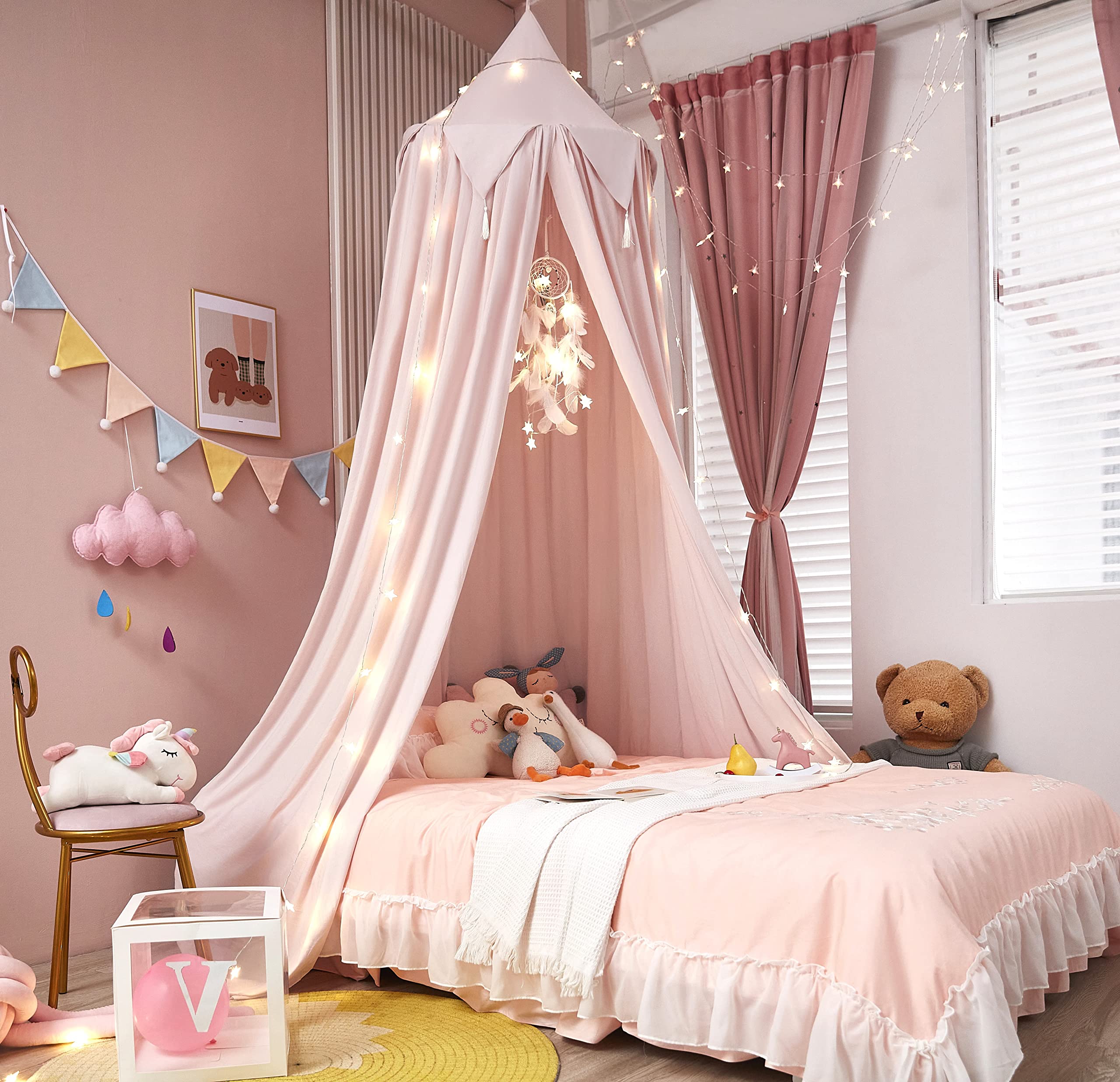 Princess Bed Canopy with Lights for Girls - Dream Catcher Kids Bed Tent for Twin, Full & Queen Size Beds - Beige Pink Room Decor for Reading Nook & Bedroom Makeover