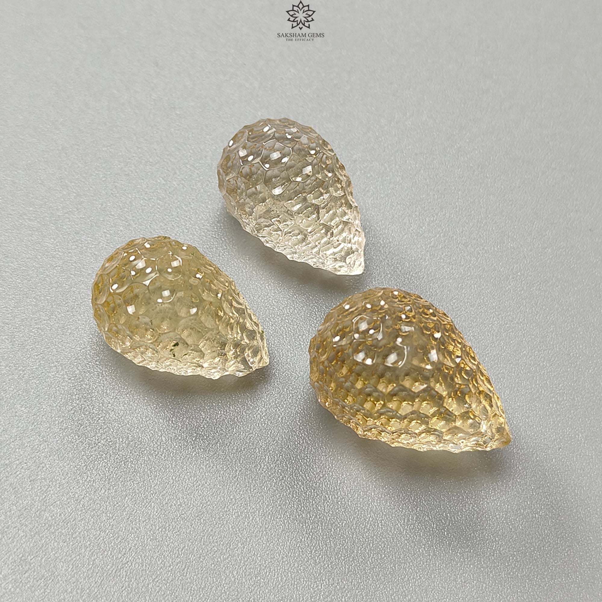 Natural Untreated Yellow Citrine Gemstone Carving - 66.90cts Hand Carved Teardrop Shape 20mm x 23mm (3pcs Set) | November Birthstone Jewelry Making Supplies for Necklaces, Earrings & DIY Crafts