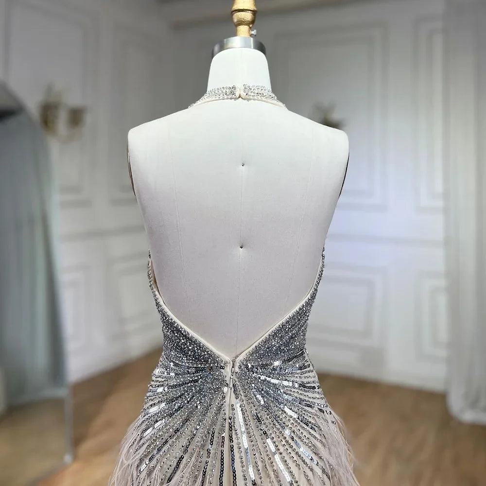 Serene Hill Luxury Beaded Feather Beige High Slit Mermaid Evening Dress for Women - Backless Formal Gown for Prom, Wedding, Red Carpet & Special Occasions