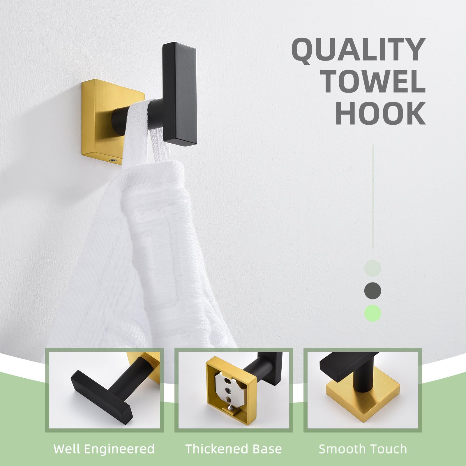 Stainless Steel Angle Simple Towel Hook - Black & Gold Wall Mounted Bathroom & Kitchen Towel Holder, Robe Hook for Home, Hotel, Spa (2 Pack) - Perfect for Hanging Towels, Robes, Aprons & More
