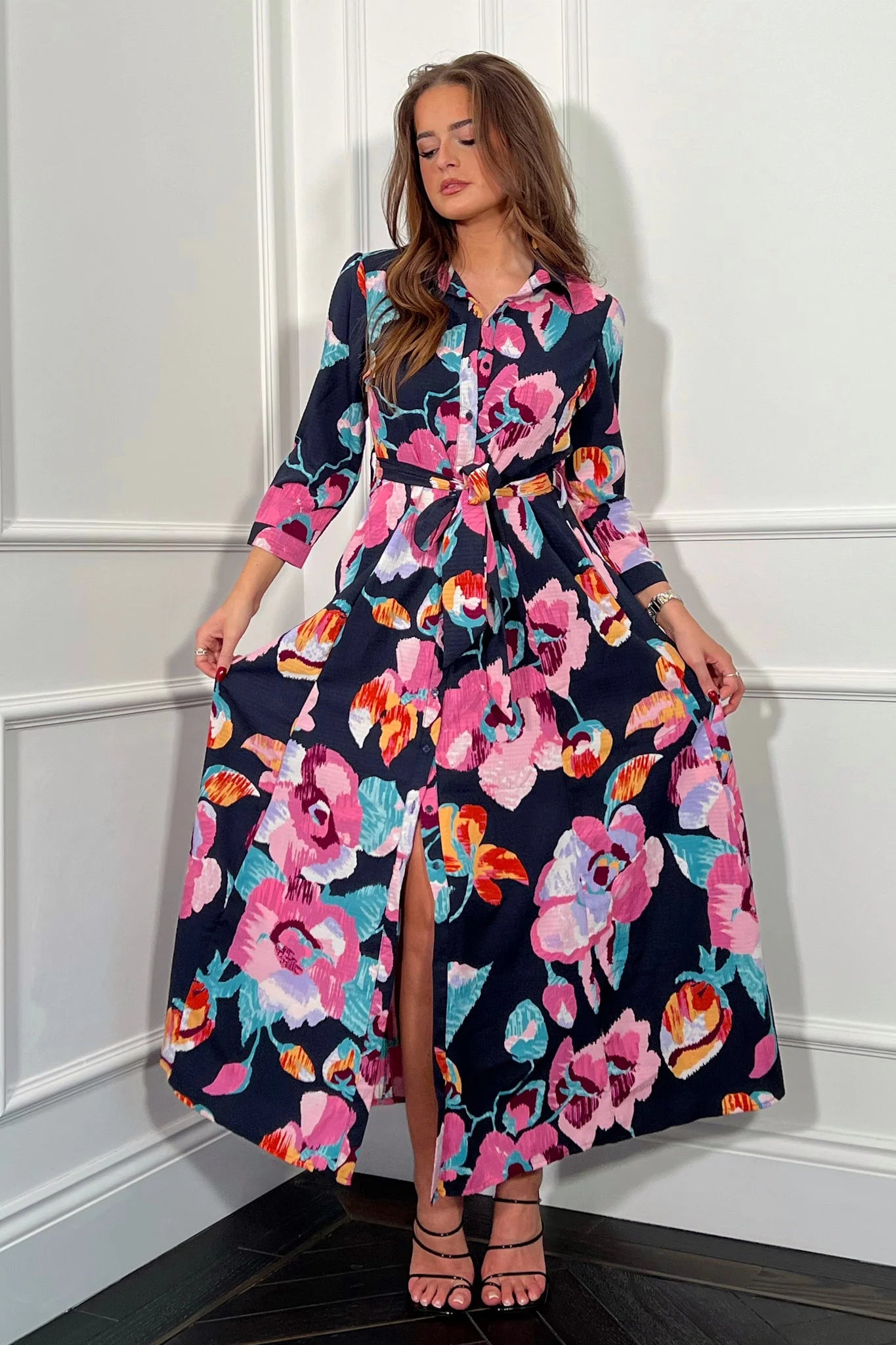 ANGELA Floral Print Shirt Dress for Women - Navy & Purple Summer Dress - Perfect for Casual Outings, Beach Vacations, and Office Wear