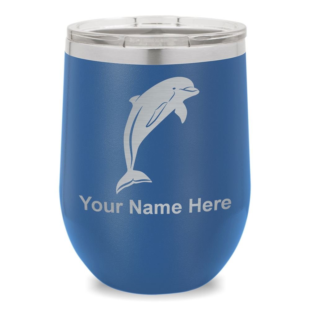 Personalized Dolphin Wine Glass Tumbler with Engraving - Dark Blue Stemless Cup for Wedding Gifts, Anniversary Presents & Romantic Dinners