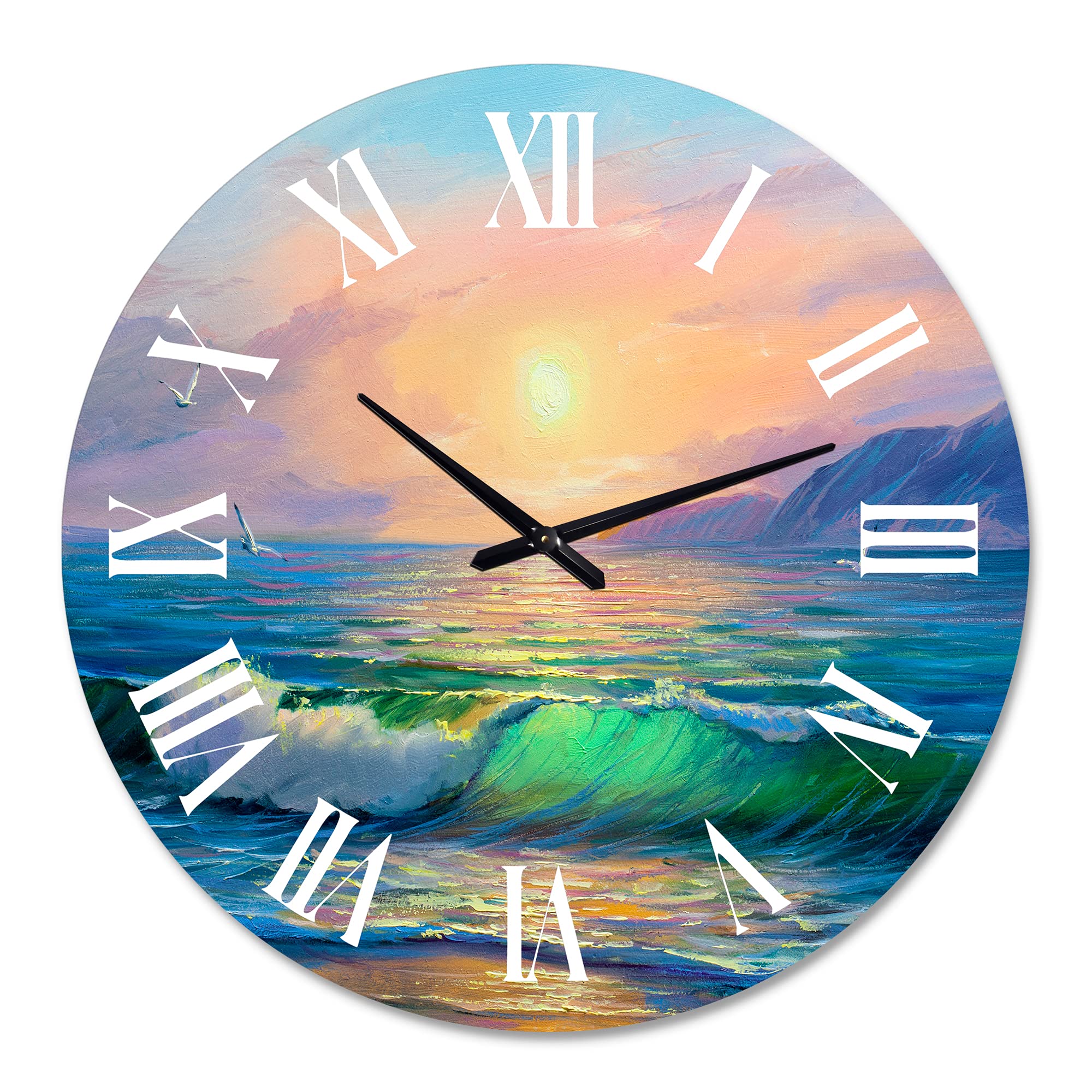 DesignQ Nautical Coastal Wall Clock - Blue Waves Beach Theme Round Clock for Home & Office Decor | Perfect for Living Room, Bedroom, or Coastal Style Interior Design