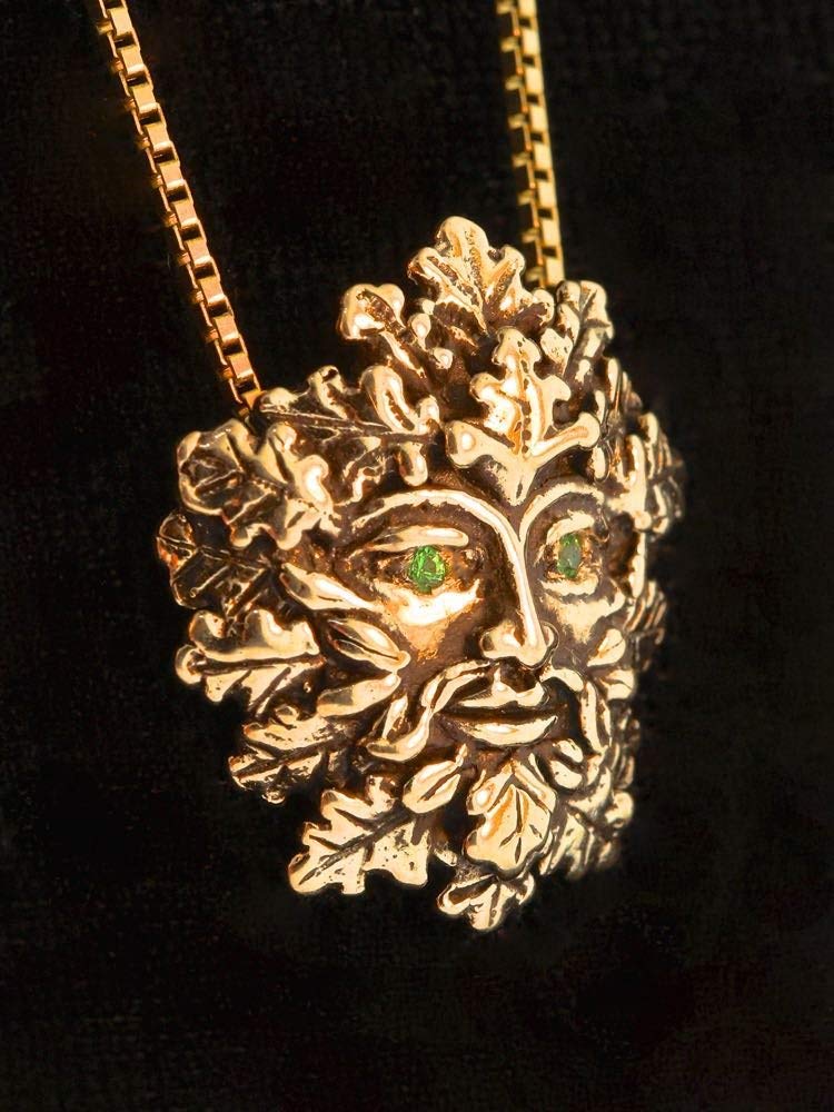 14K Gold Green Man Pendant Necklace with Tsavorite Gemstone Eyes - Nature Inspired Leaf Man Charm Jewelry for Women, Perfect for Boho Fashion, Spiritual Gifts & Nature Lovers