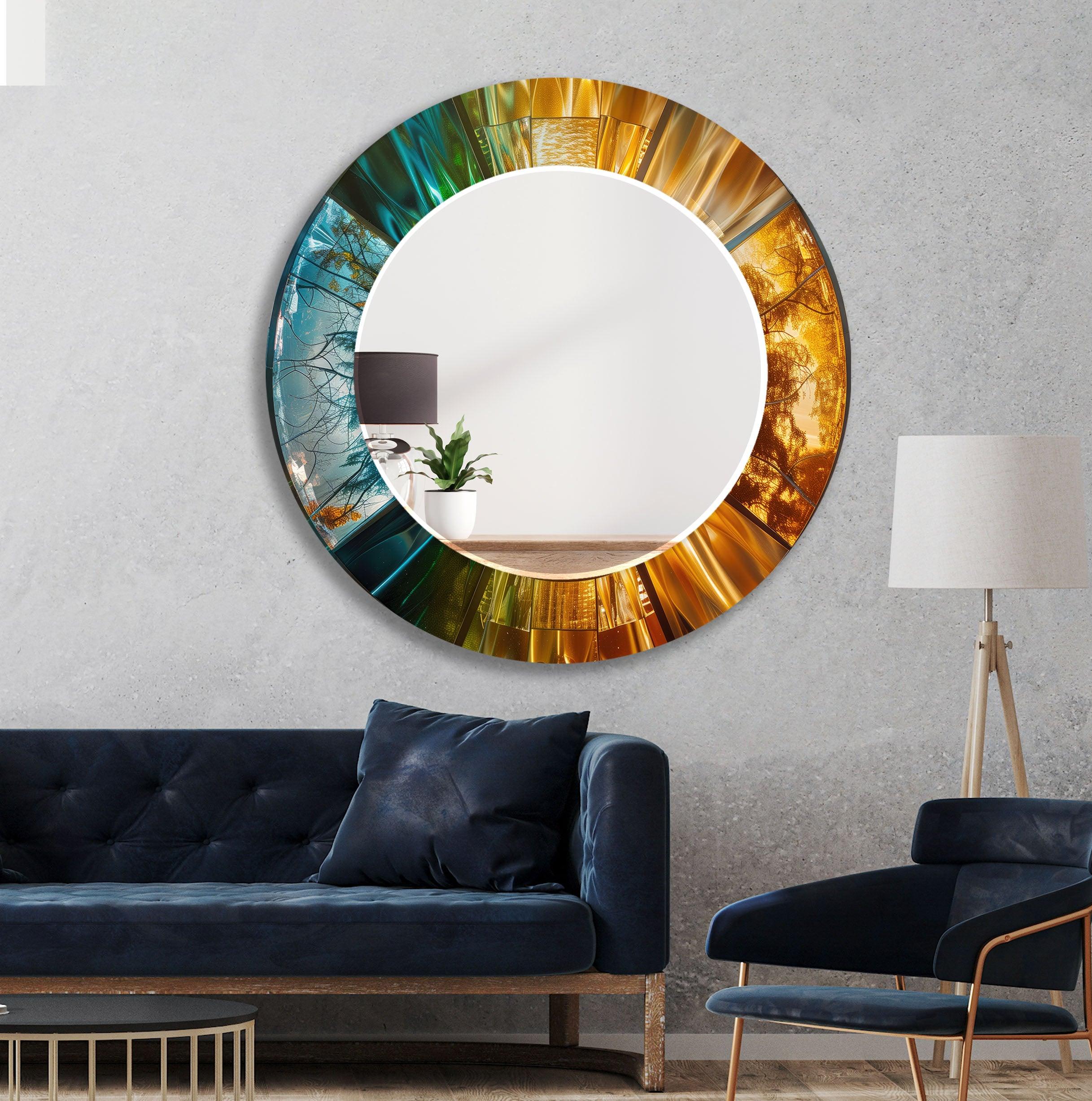 Blue and Gold Abstract Wall Mirrors - Modern Decorative Mirror for Living Room, Bedroom & Entryway - Stylish Home Decor Accent Piece