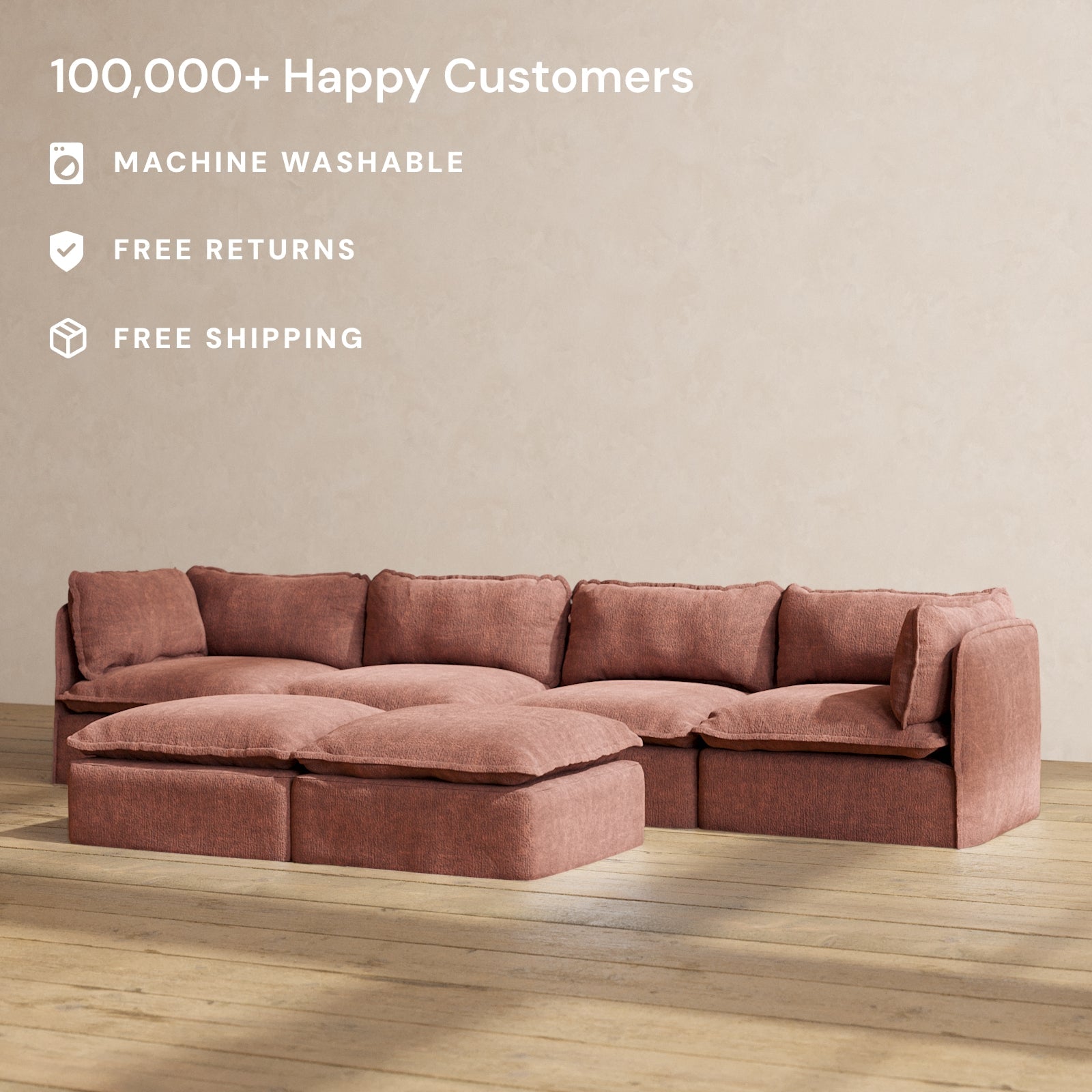 Modular Performance 4 Seater Sofa with Bench Ottoman in Chestnut Brown | Premium Fabric Blend | Perfect for Living Room, Family Room & Home Theater Seating