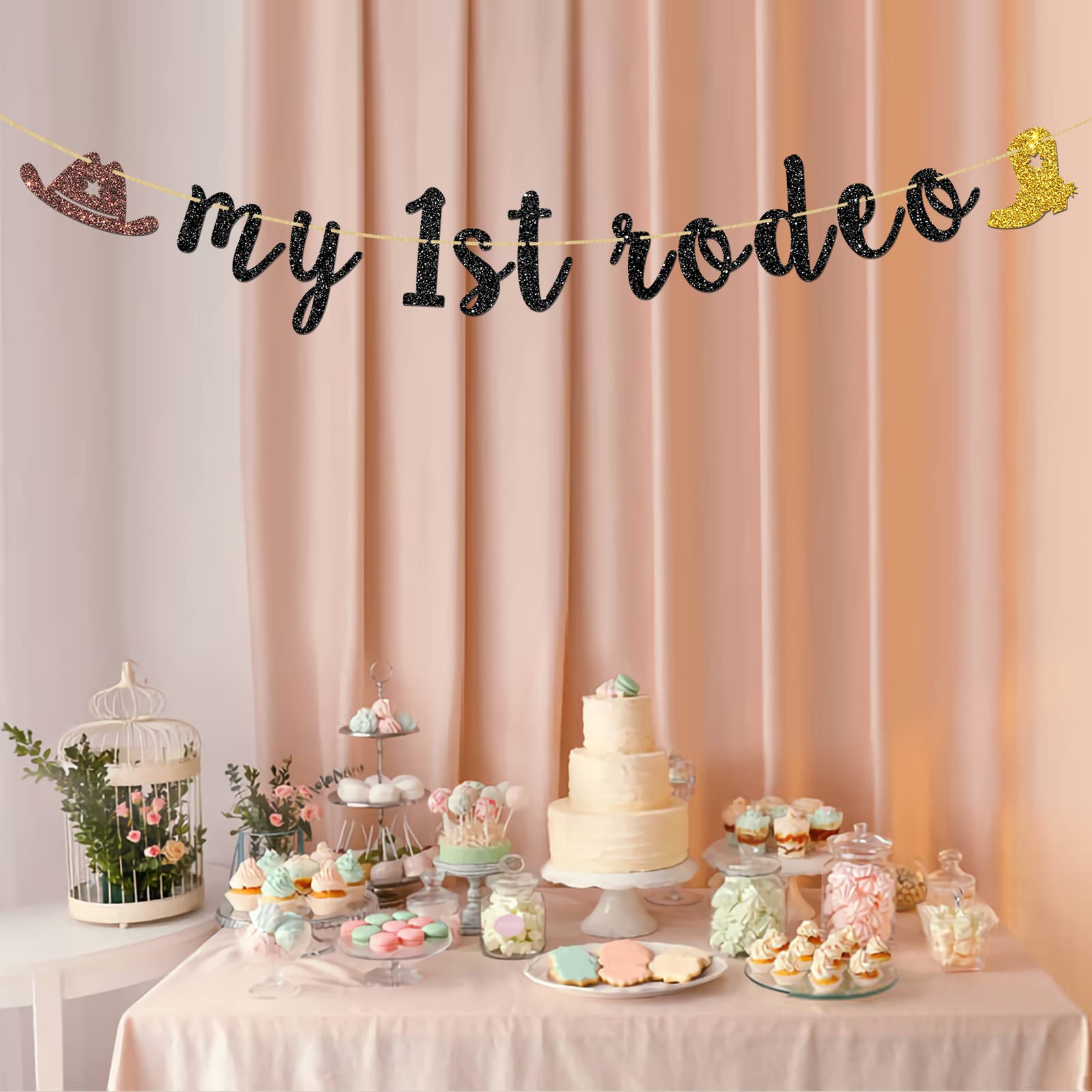 INNORU My 1st Rodeo Banner - Mexican Western Cowboy Cowgirl 1st Birthday Party Decorations with Black Glitter | Perfect for First Birthday, Baby Shower, and Western Theme Celebrations