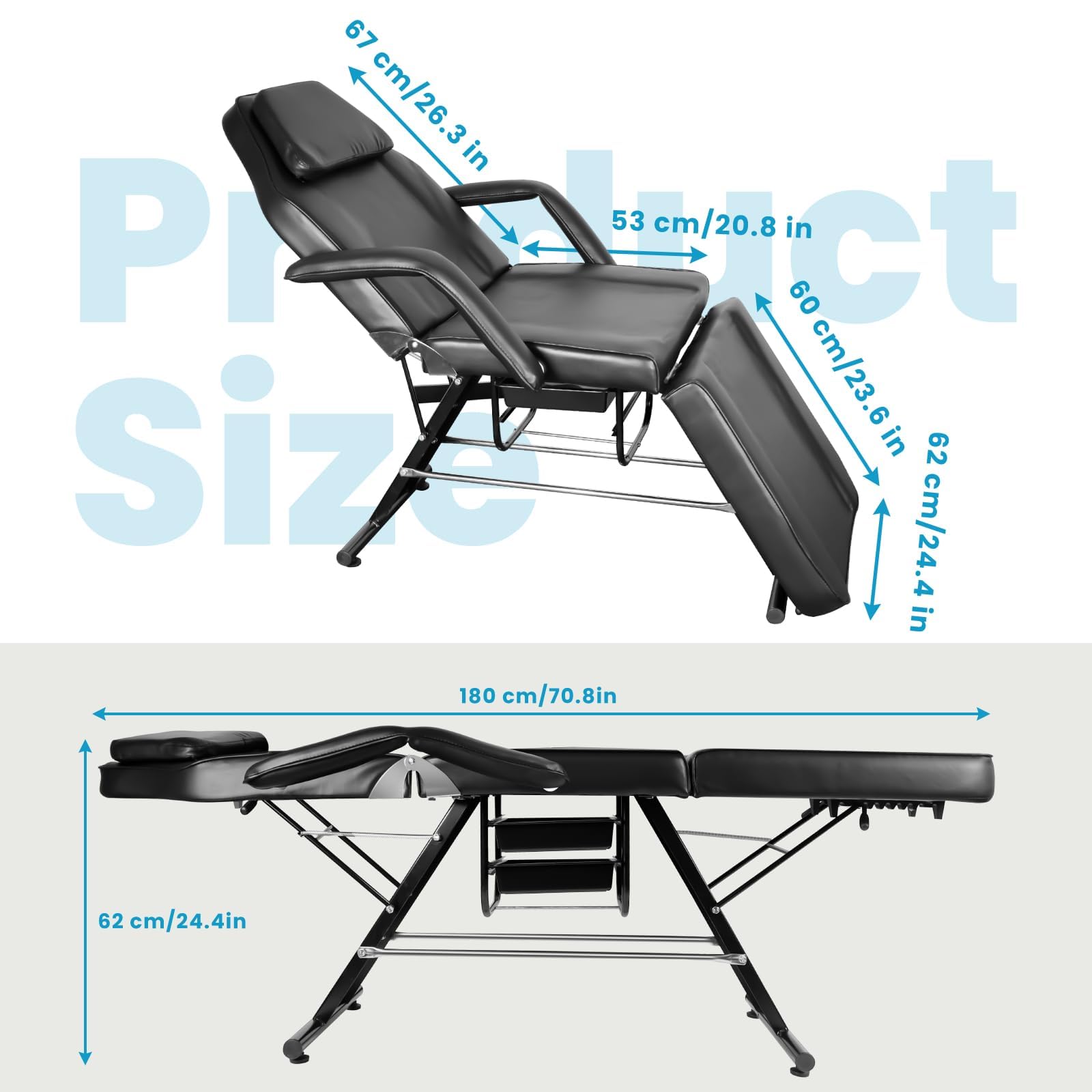 Professional 3-Section Salon Massage Bed & Tattoo Chair with Hydraulic Stool - Adjustable Spa Bed with Removable Headrest for Beauty, Barber & Tattoo Studios - Perfect for Client Comfort in Massage, Facial & Body Art Sessions (Black)