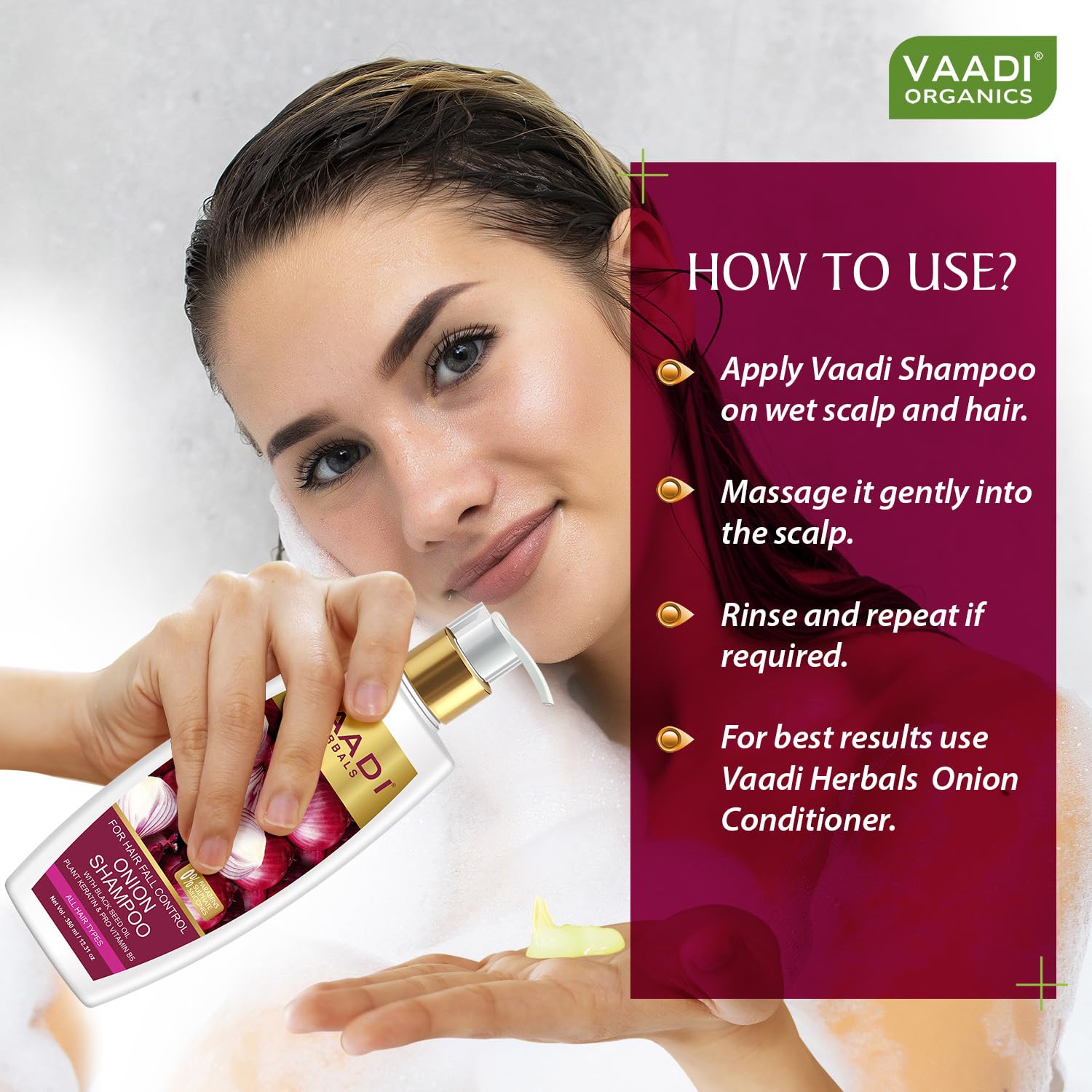 Vaadi Herbals Onion Shampoo for Hair Growth & Hair Fall Control - 350ml | Natural Hair Care Solution for Thicker, Stronger Hair | Perfect for Daily Use & Damaged Hair Repair