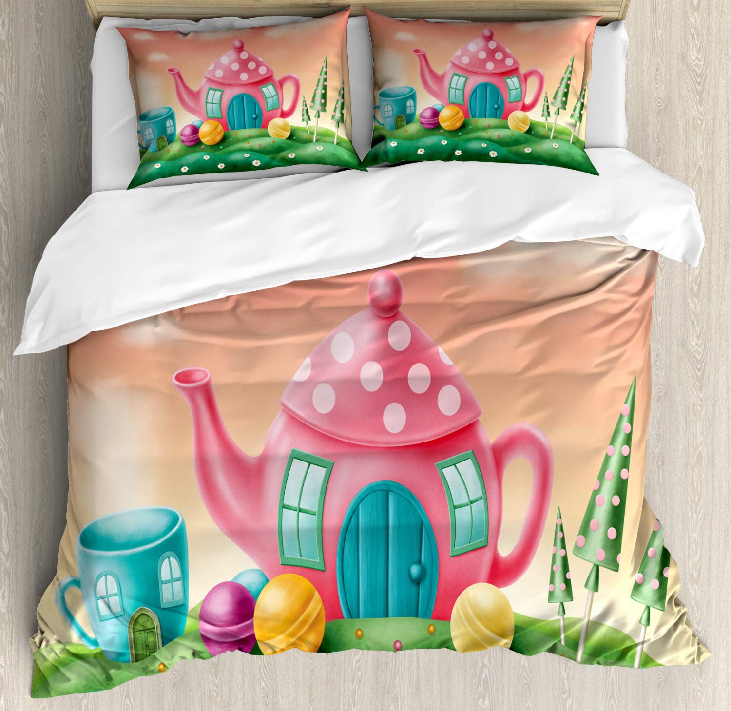 Ambesonne Fantasy Duvet Cover Set - King Size 3-Piece Bedding with Polka Dot Teapot & Coffee Cup Design in Fern Green & Coral | Includes 2 Pillow Shams | Perfect for Whimsical Bedroom Decor, Kids Room, or Gift Idea
