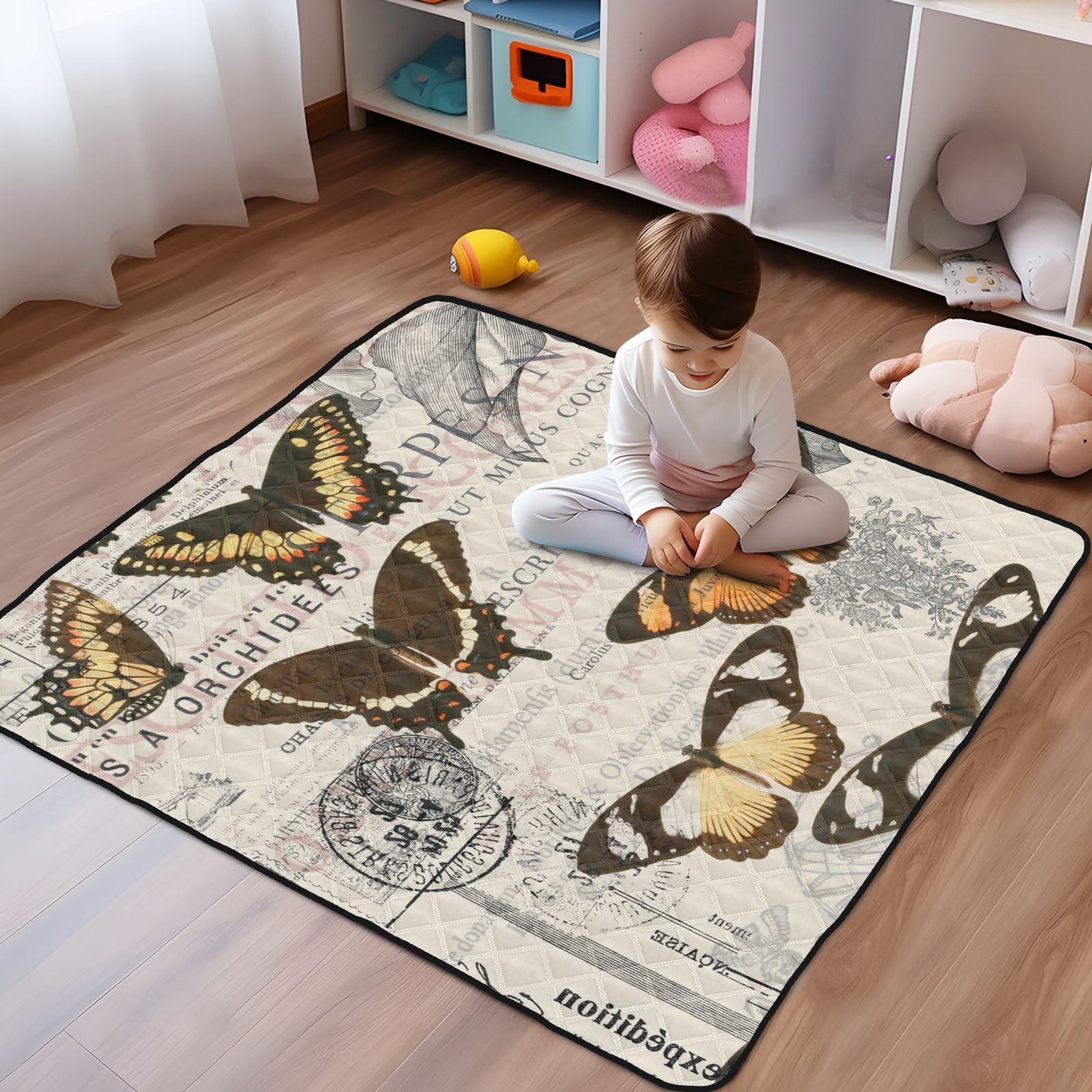Vintage Cottage Butterfly Collage Soft Foam Baby Play Mat - 50