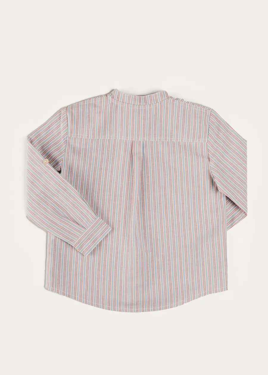Beaufort Striped Mandarin Collar Long Sleeve Shirt for Boys & Girls - Blue Cotton Casual Wear (18 Months to 10 Years) | Perfect for School, Parties & Family Outings