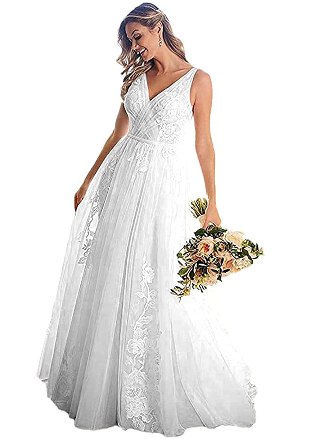 Boho Wedding Dresses for Bride - Backless V-Neck Lace Tulle Bridal Gown | Elegant Beach, Garden & Destination Wedding Dress for Women