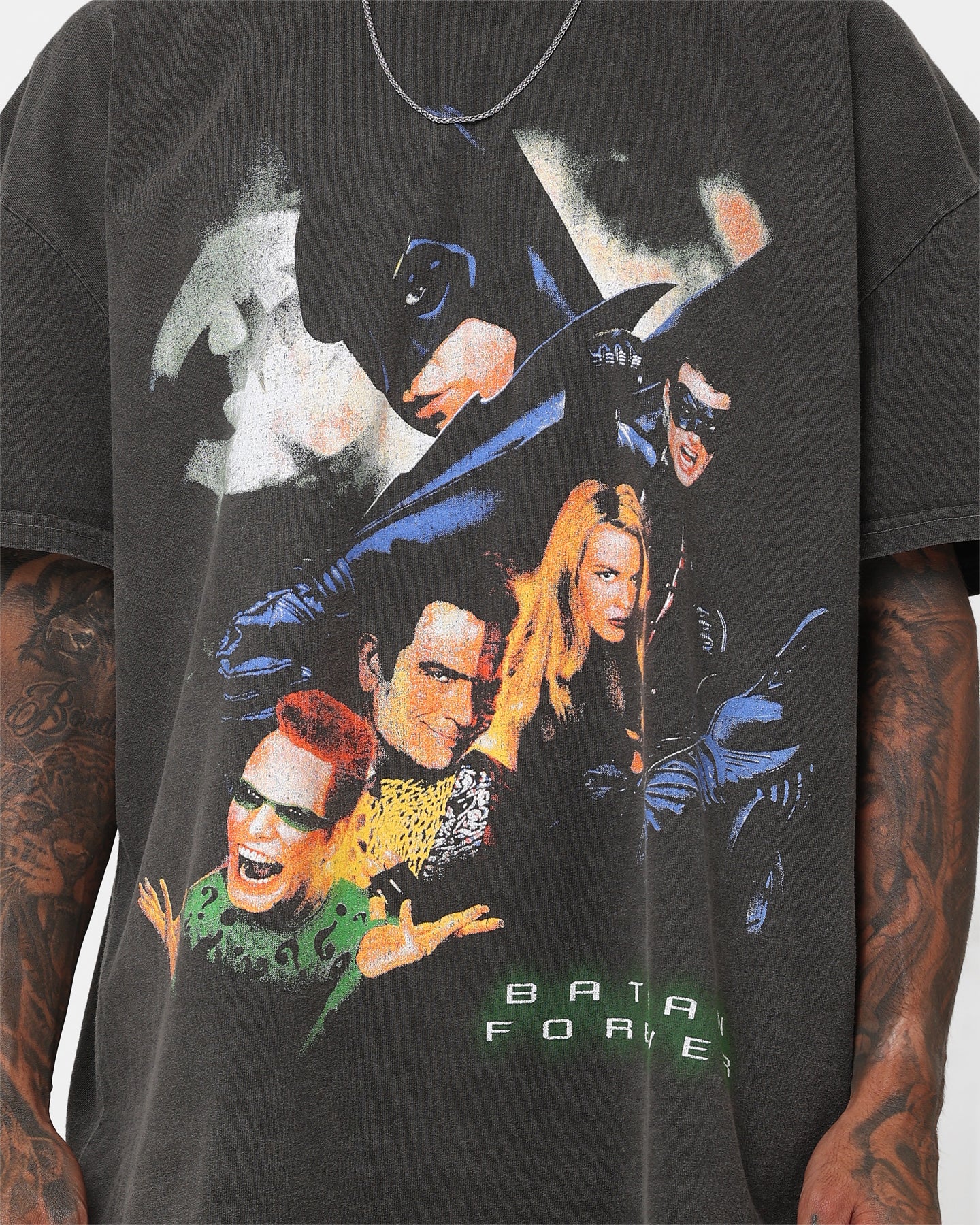 Vintage 1995 Batman Forever Heavyweight T-Shirt - DC Comics Graphic Tee - Black Wash Distressed Style - Perfect for Cosplay, Comic Con & Retro Fashion