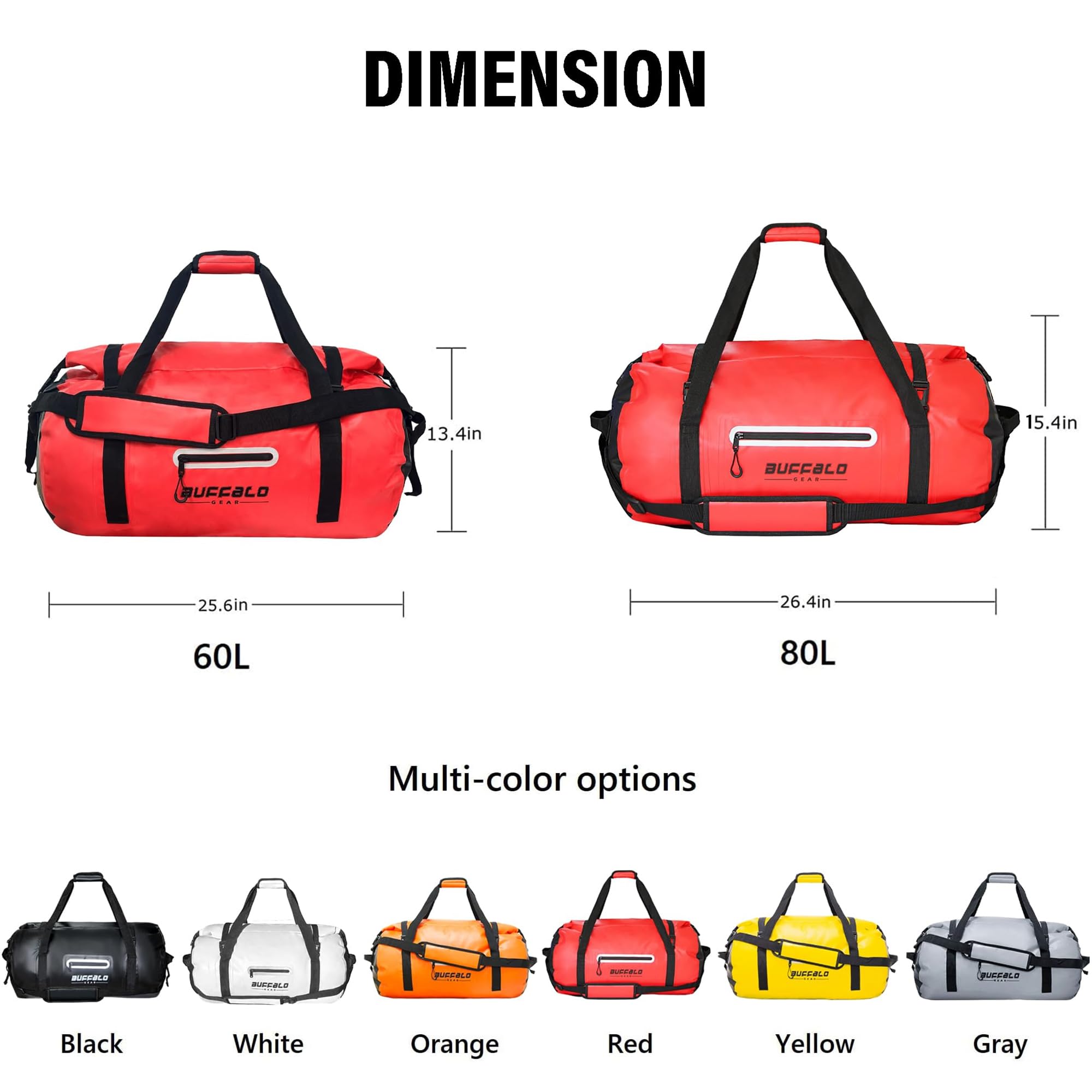 Buffalo Gear Waterproof Duffle Bag 40L 60L 80L - Heavy Duty Roll-top Dry Bag for Travel, Kayaking, Rafting, Boating, Fishing & Camping - Perfect for Outdoor Adventures and Water Sports