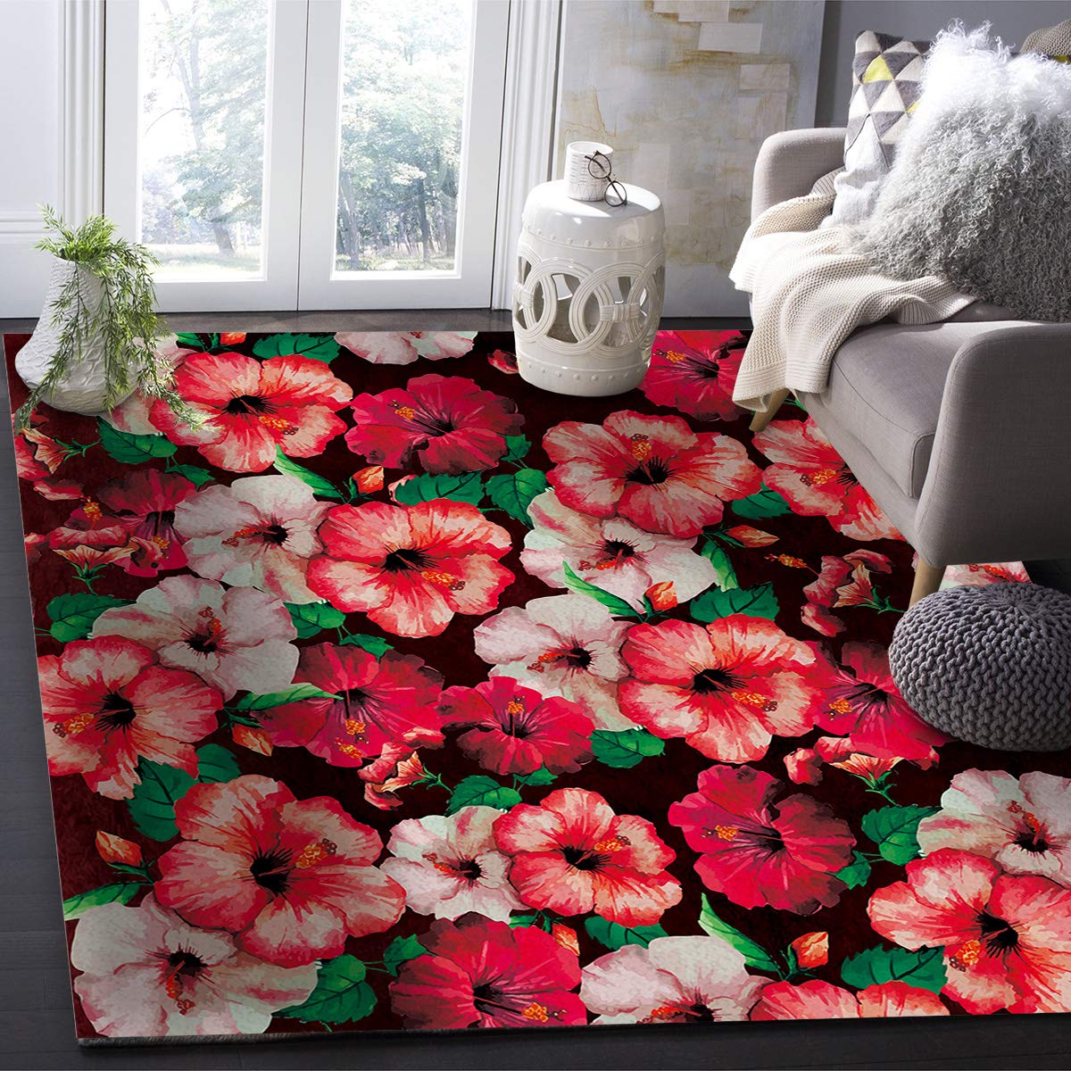 Ultra Soft Red Hibiscus Tropical Leaves Pattern Indoor Area Rug - 3'x5' Rectangle Floor Mat for Bedroom, Living Room | Perfect for Boho Decor & Cozy Home Accents