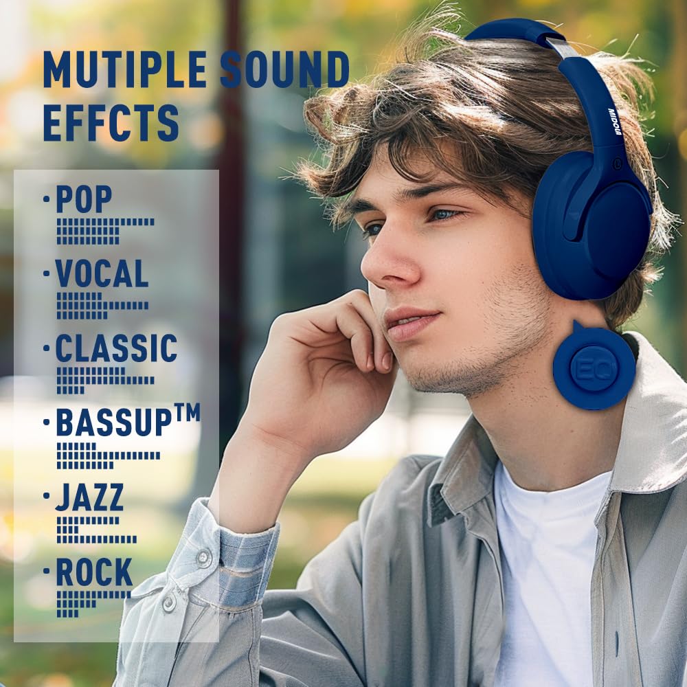 MIDOLA Bluetooth Headphones Over Ear - 68H Playtime, HiFi Stereo, Deep Bass, Foldable & Lightweight Wireless Headset with Mic - Perfect for Travel, Home Office, Gaming & Cellphone Use (Blue)