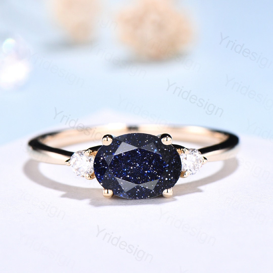 Blue Sandstone Ring for Women - Elegant Oval Galaxy Engagement Ring with Three Stones, Rose Gold Bridal Promise Ring - Perfect for Weddings, Anniversaries & Special Occasions