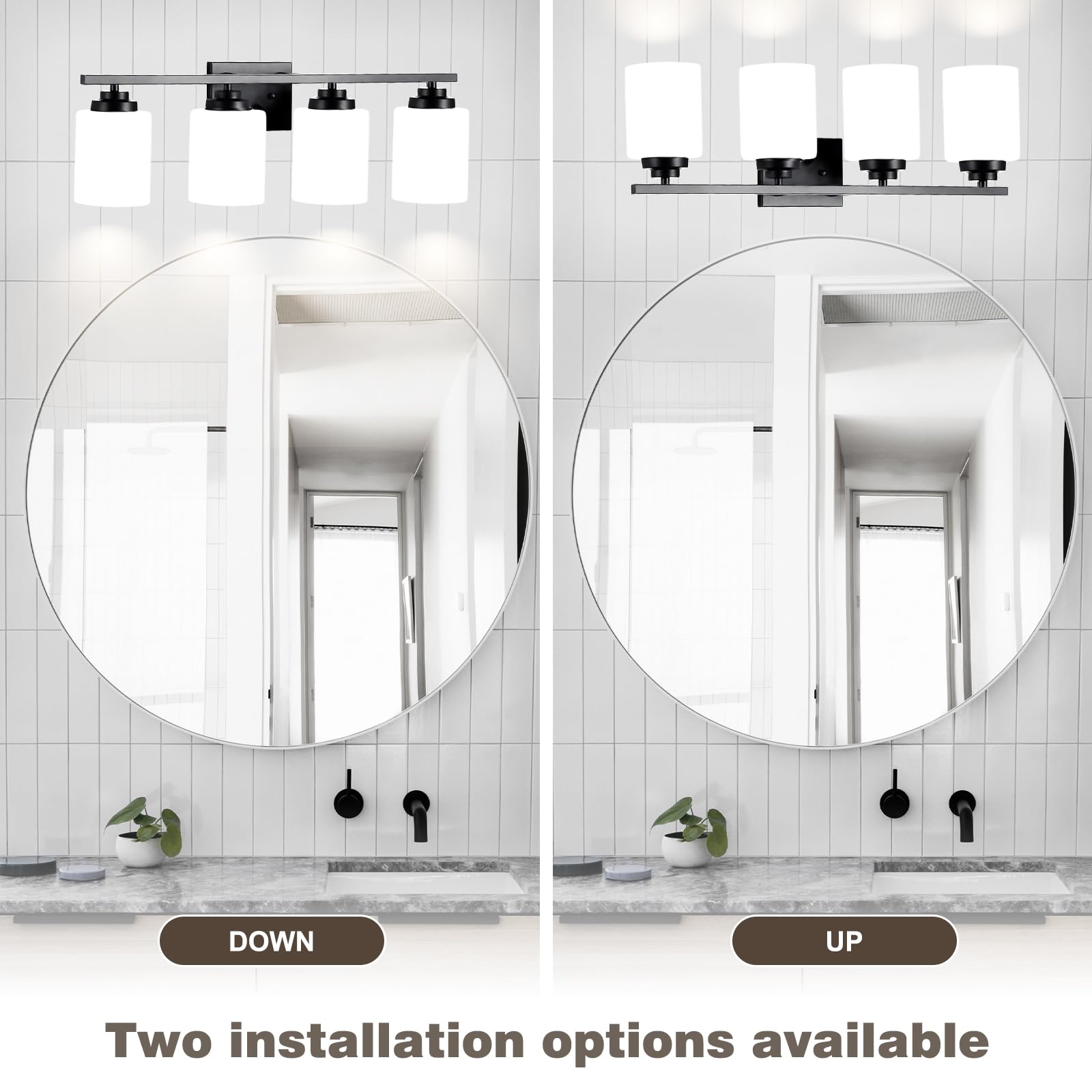 Black Bathroom Light Fixtures - 4-Light Rustproof Vanity Light, 27-Inch Modern Wall Mount Lighting with Milky White Glass, Standard E26 Base - Perfect for Bathroom Vanity, Living Room, and Bedroom Lighting