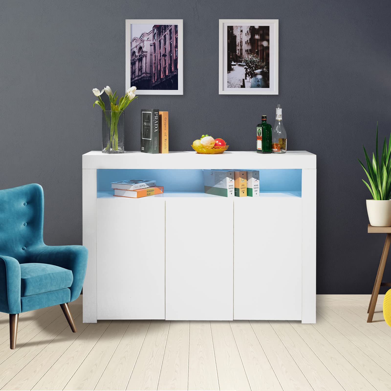 Modern Buffet Sideboard Cabinet with UV Coated High Gloss Front & 16-Color Adjustable RGB LED Lights - Kitchen Storage, Bar Cabinet, Living Room Furniture (White) - Perfect for Dining Room, Home Bar & Entertainment Areas