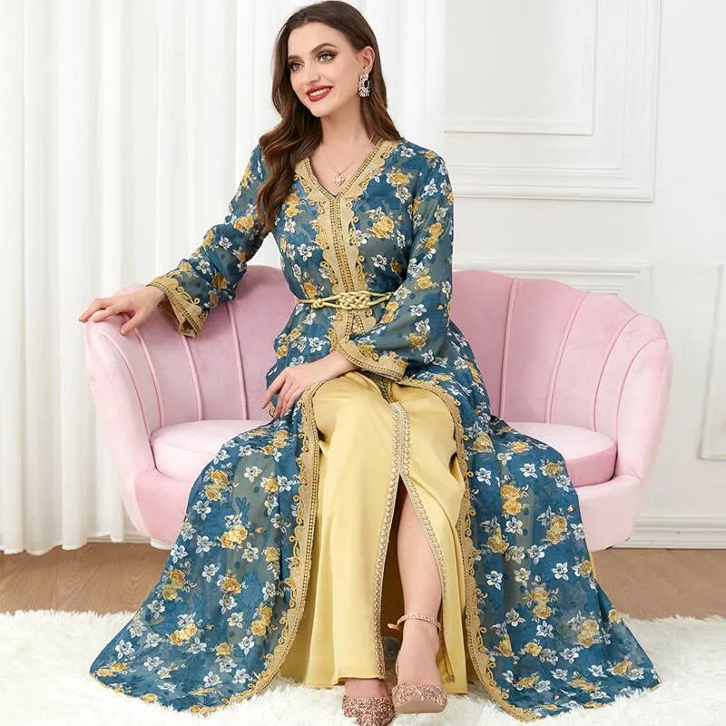 Elegant 2-Piece Eid Dress Set - Floral Printed Kaftan with Satin Lining | Muslim Women's Holiday Outfit for Special Occasions & Celebrations