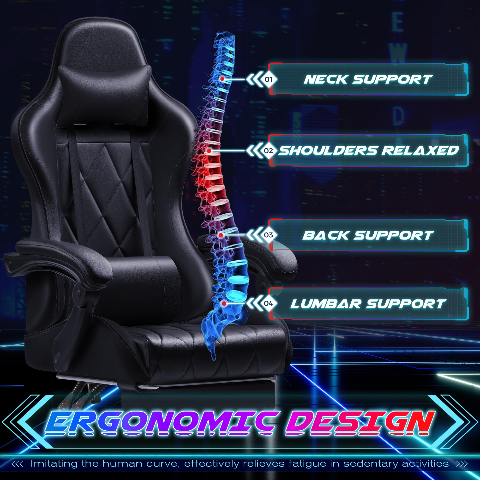 Shahoo Ergonomic Gaming Chair with Adjustable Footrest & Lumbar Massage - 360° Swivel Computer Chair with Headrest, Height Adjustable (Black) - Perfect for PC Gaming, Office Work & Home Entertainment