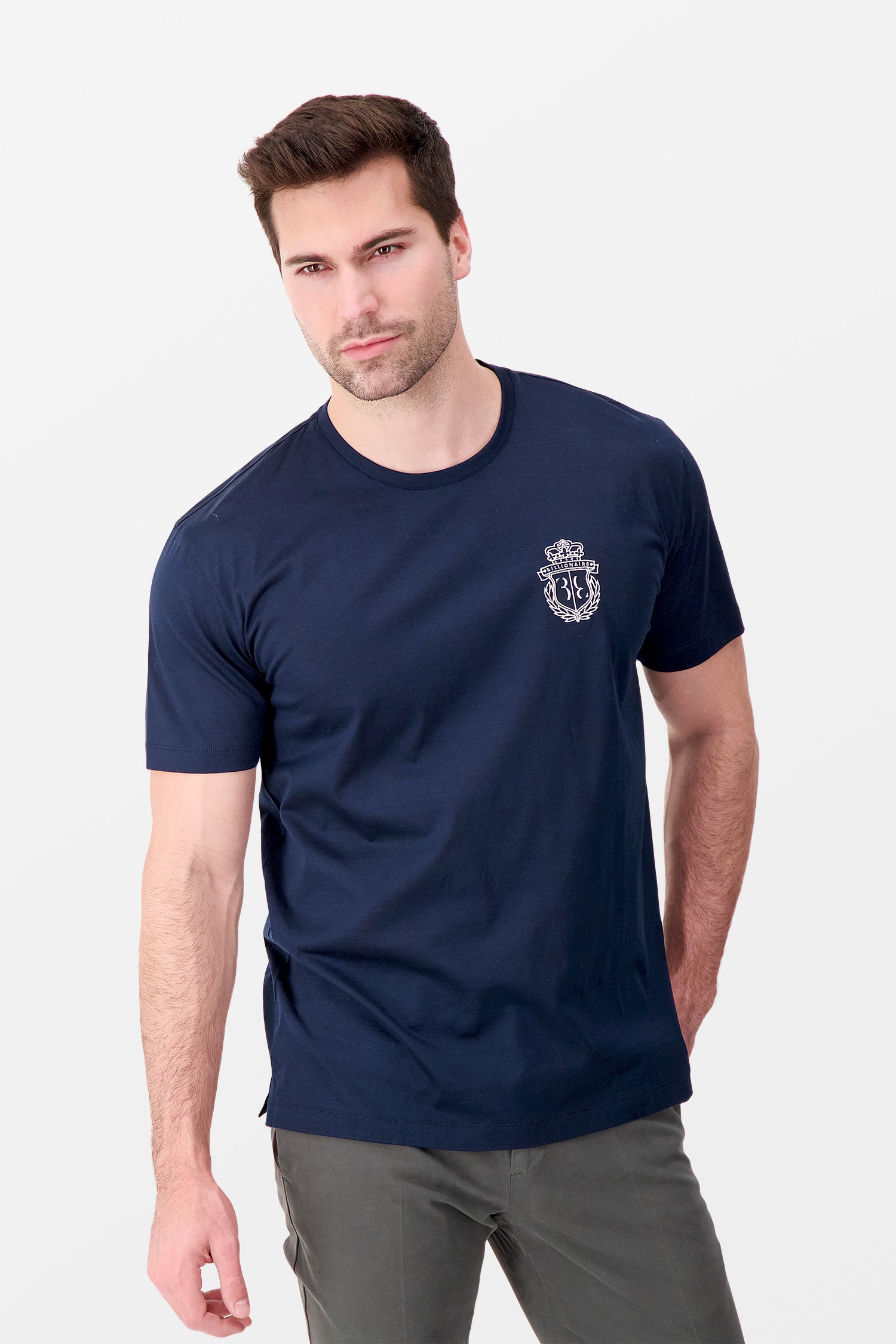 Billionaire Dark Blue Short Sleeve Crest T-Shirt for Men - Premium Cotton Casual Tee for Everyday Wear, Gym & Street Style