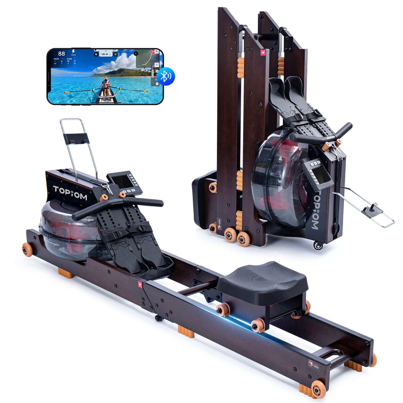 Foldable Water Rowing Machine for Home Gym - Bluetooth Connected Rower with LCD Monitor, Adjustable Foot Pedals & Tablet Holder - Perfect for Full-Body Workout, Cardio Training & Small Space Fitness