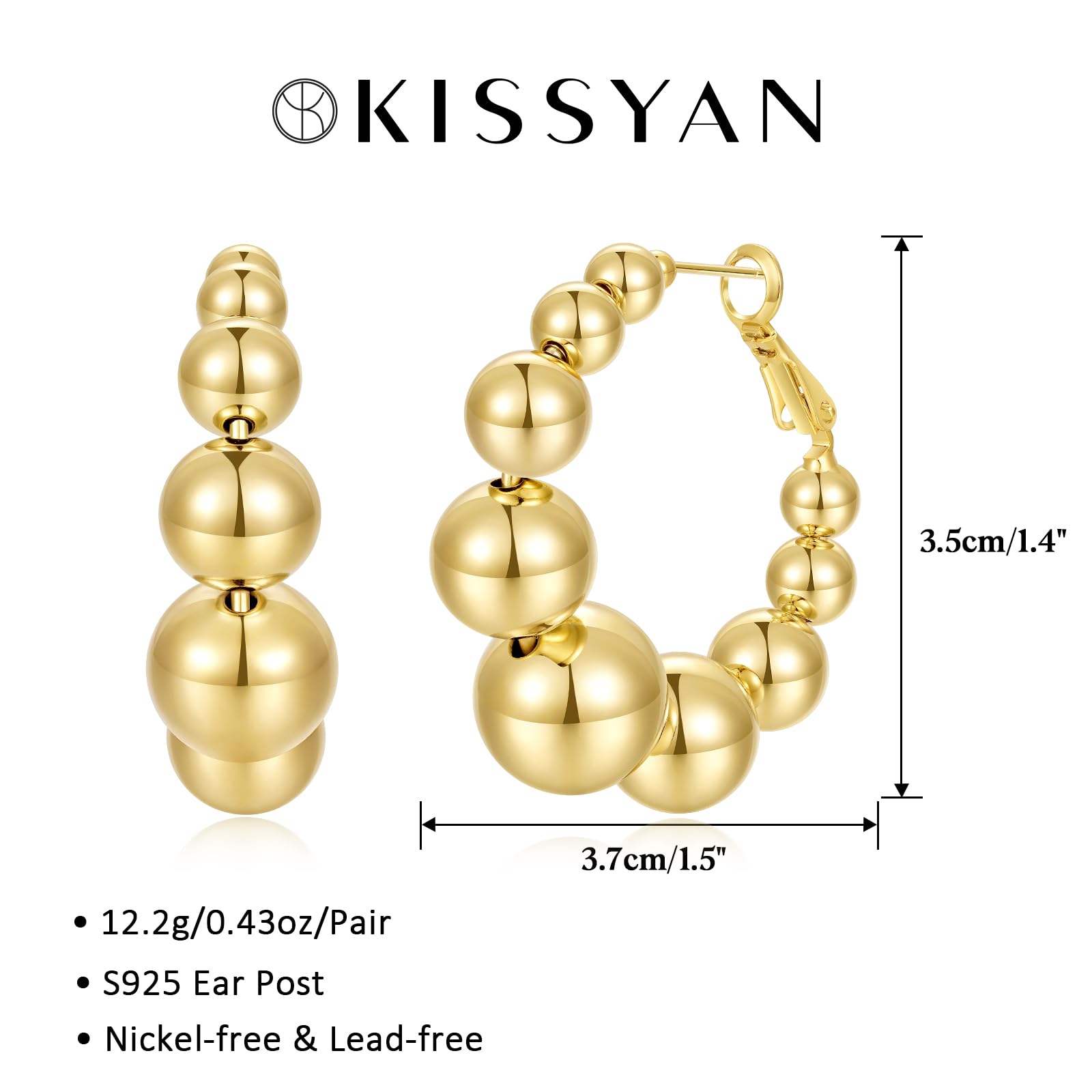 14K Gold Plated Beaded Hoop Earrings for Women - Lightweight Chunky Statement Huggie Earrings with Round Ball Drop - Dainty Jewelry Gift for Her - Perfect for Parties, Weddings & Everyday Wear