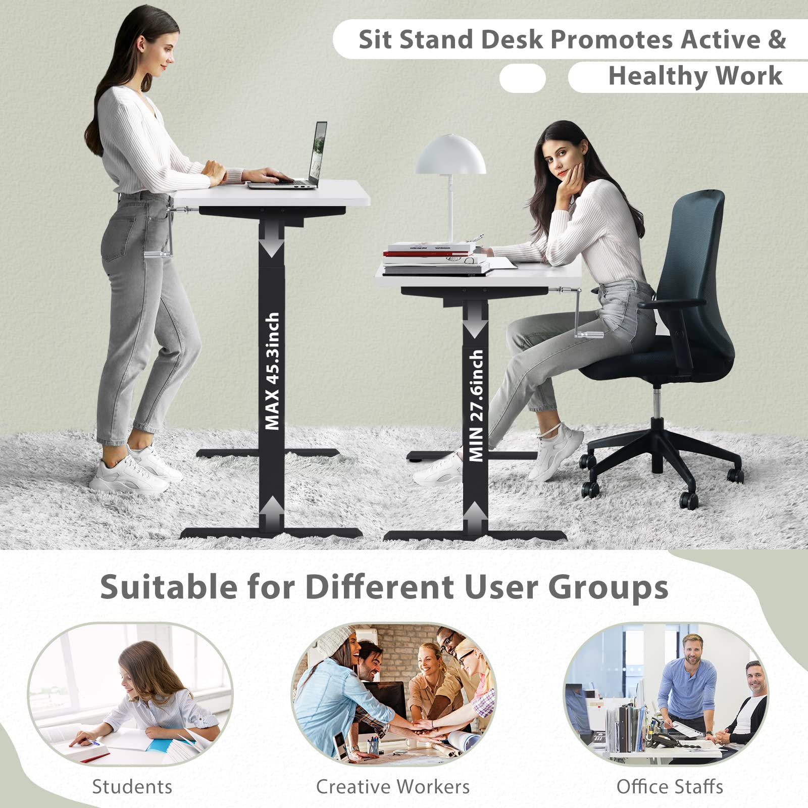 COSTWAY 48 x 24 Inch Adjustable Height Standing Desk - Manual Sit to Stand Workstation with Headphone Hook & Cable Management, Solid One-Piece Table Top for Home Office (Black & White) | Perfect for Remote Work, Gaming & Study Spaces