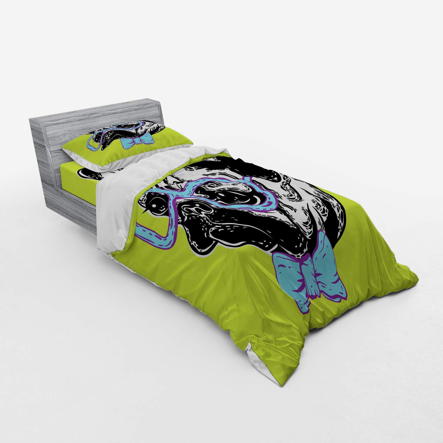 Ambesonne Pug Duvet Cover Set - Dog with Bow Tie & Glasses on Green Backdrop, 3-Piece Twin Size Bedding Set (Duvet Cover + Sham + Fitted Sheet) in Apple Green, Pale Blue & Lavender - Perfect for Kids' Rooms, Pet Lover Gifts & Cozy Bedroom Decor