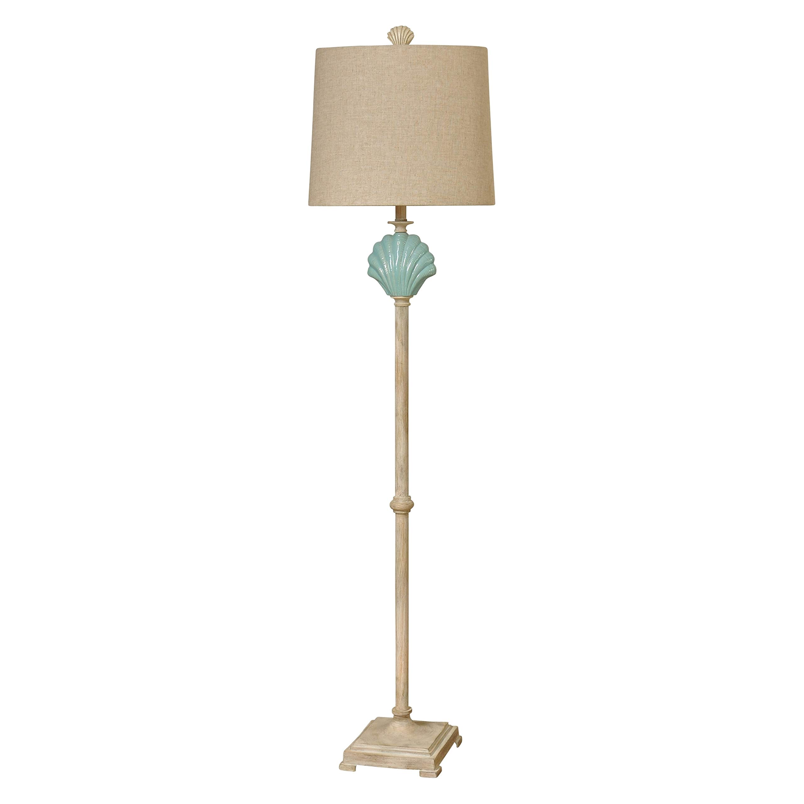 Beige Hardback Fabric Shade Transitional Ceramic Floor Lamp with Light Blue Shell Design - Perfect for Beach House Decor, Living Room Lighting & Coastal Style Bedrooms