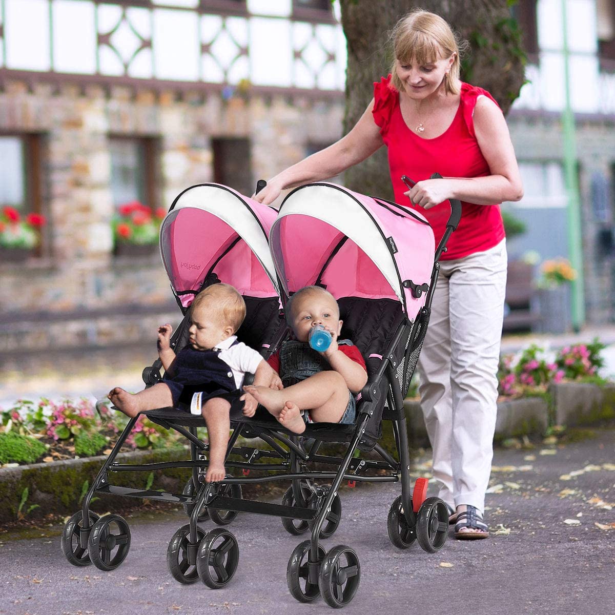 HONEY JOY Double Stroller - Compact Lightweight Side by Side Twin Stroller with Adjustable Canopy, Cup Holder & Storage Bag | Foldable Travel Stroller for Airplane | Perfect for Infants and Toddlers | Ideal for Shopping, Traveling and Outdoor Adventures