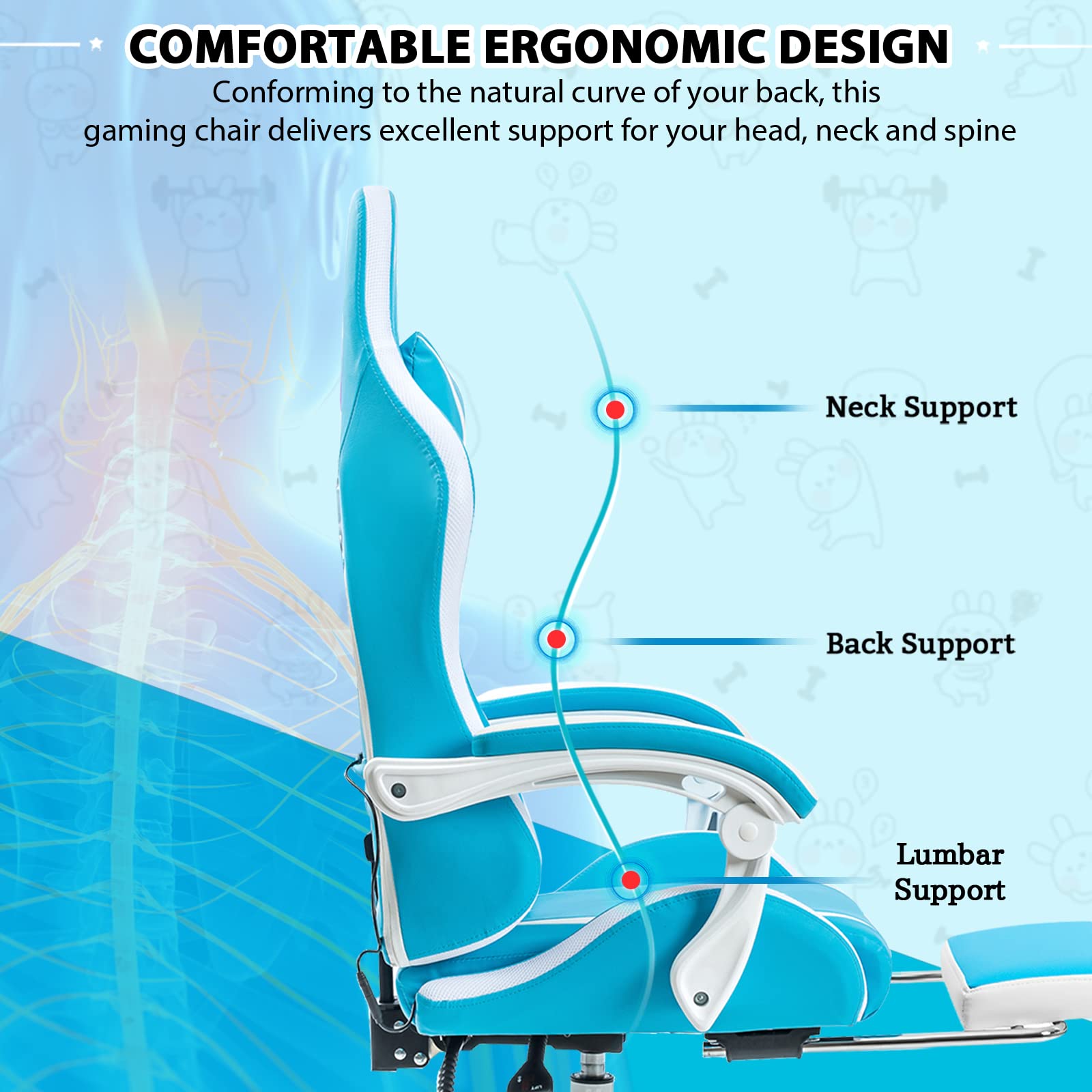 Ergonomic Gaming Chair with LED RGB Lights, Massage & Adjustable Lumbar Support - High Back Computer Chair with Footrest & Linkage Armrest - Light Blue & White for Esports, Streaming & Home Office Use