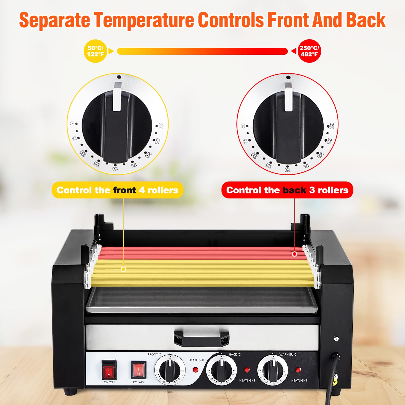 Litake 7-Roller Hot Dog Machine - 18 Hot Dogs Capacity, 1350W Stainless Steel Sausage Grill with Removable Drip Tray, Dual Temperature Control & Glass Cover - Perfect for Restaurants, Food Trucks, Carnivals, and Home Parties