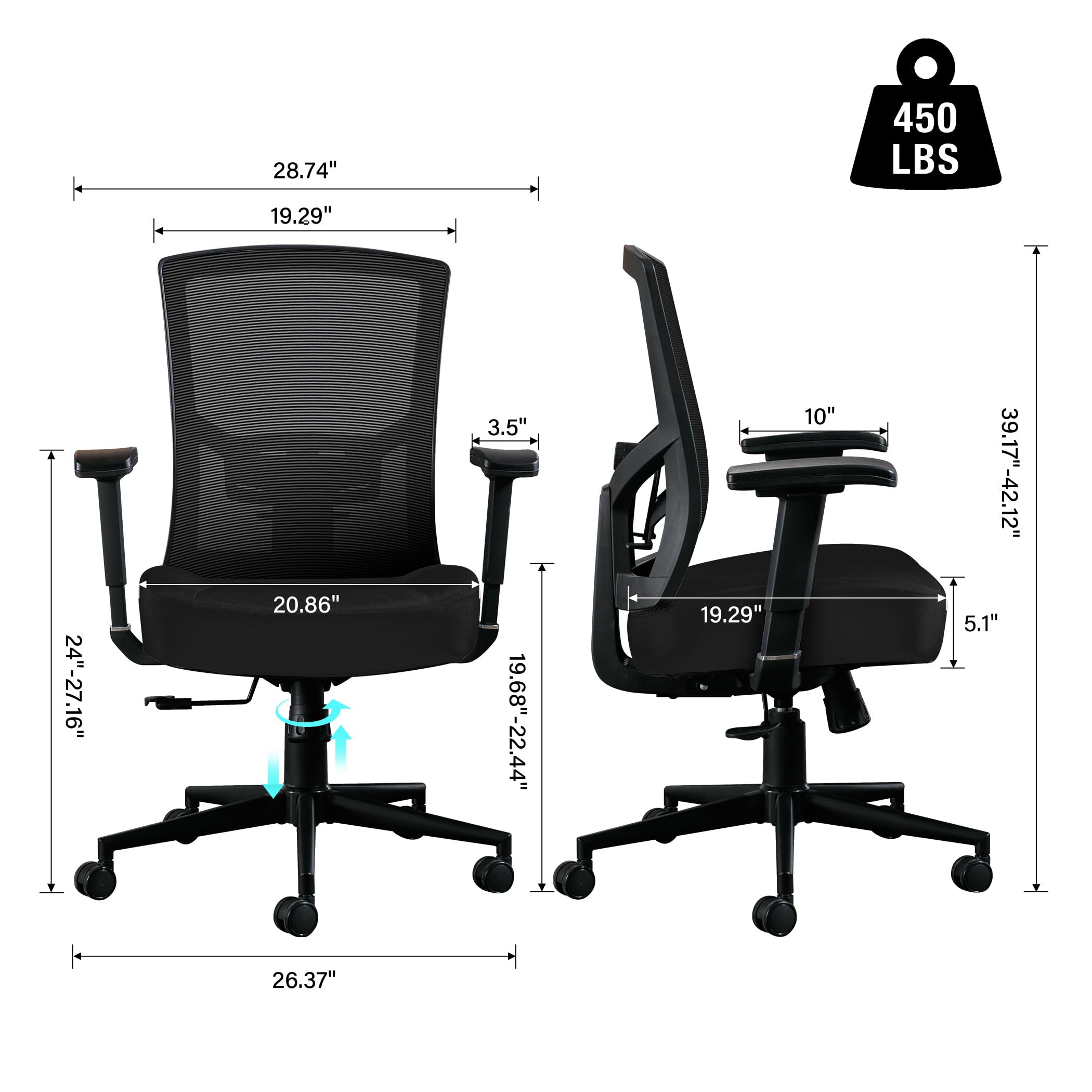 Blue Whale Big and Tall Office Chair 450lbs Capacity - Ergonomic High Back Mesh Computer Desk Chair for Heavy People with 2D Adjustable Lumbar Support & Heavy Duty Metal Base - Perfect for Home Office, Gaming, and Long Work Sessions