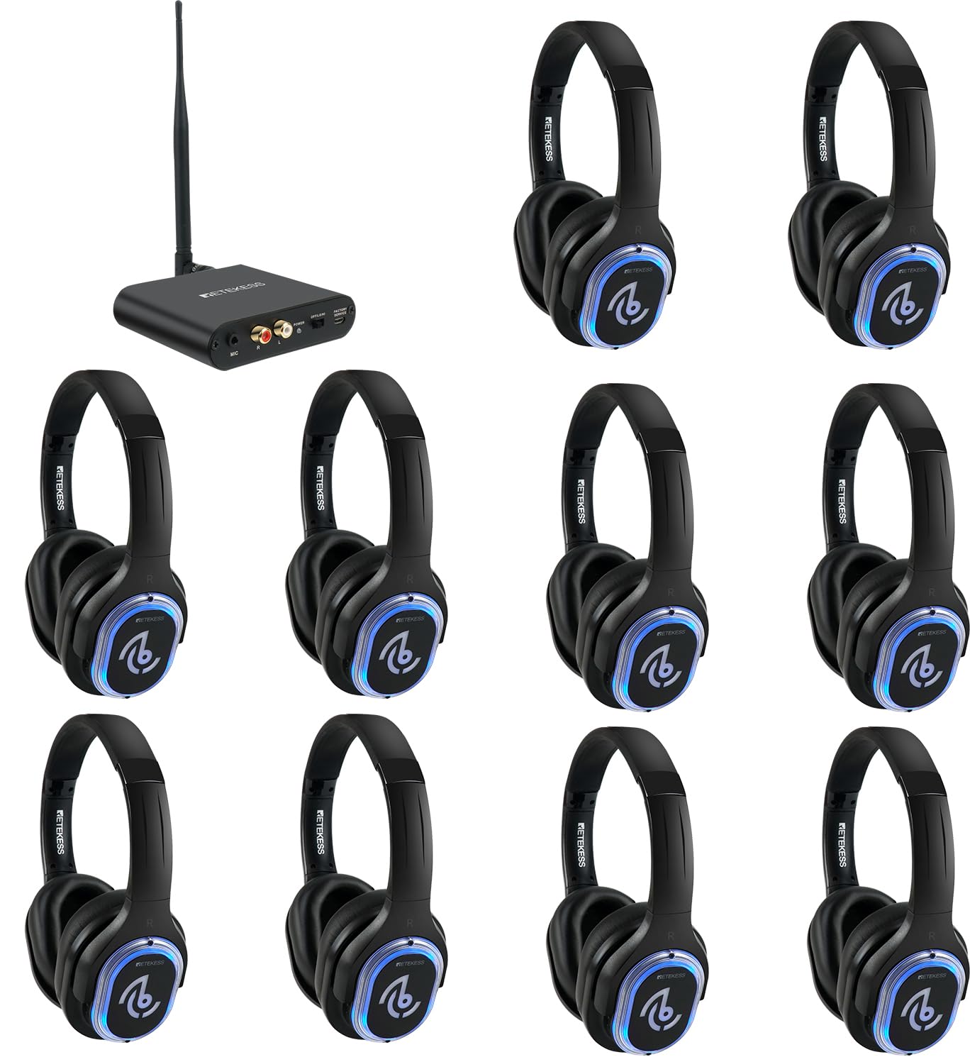 Retekess TA003 Silent Disco Headphones - 3 Channel Wireless LED Headphones with Stereo Sound for Kids Parties, Home Theater, School Events & Silent Dance Parties (10 Pack) - Perfect for Birthday Celebrations, Classroom Activities & Movie Nights