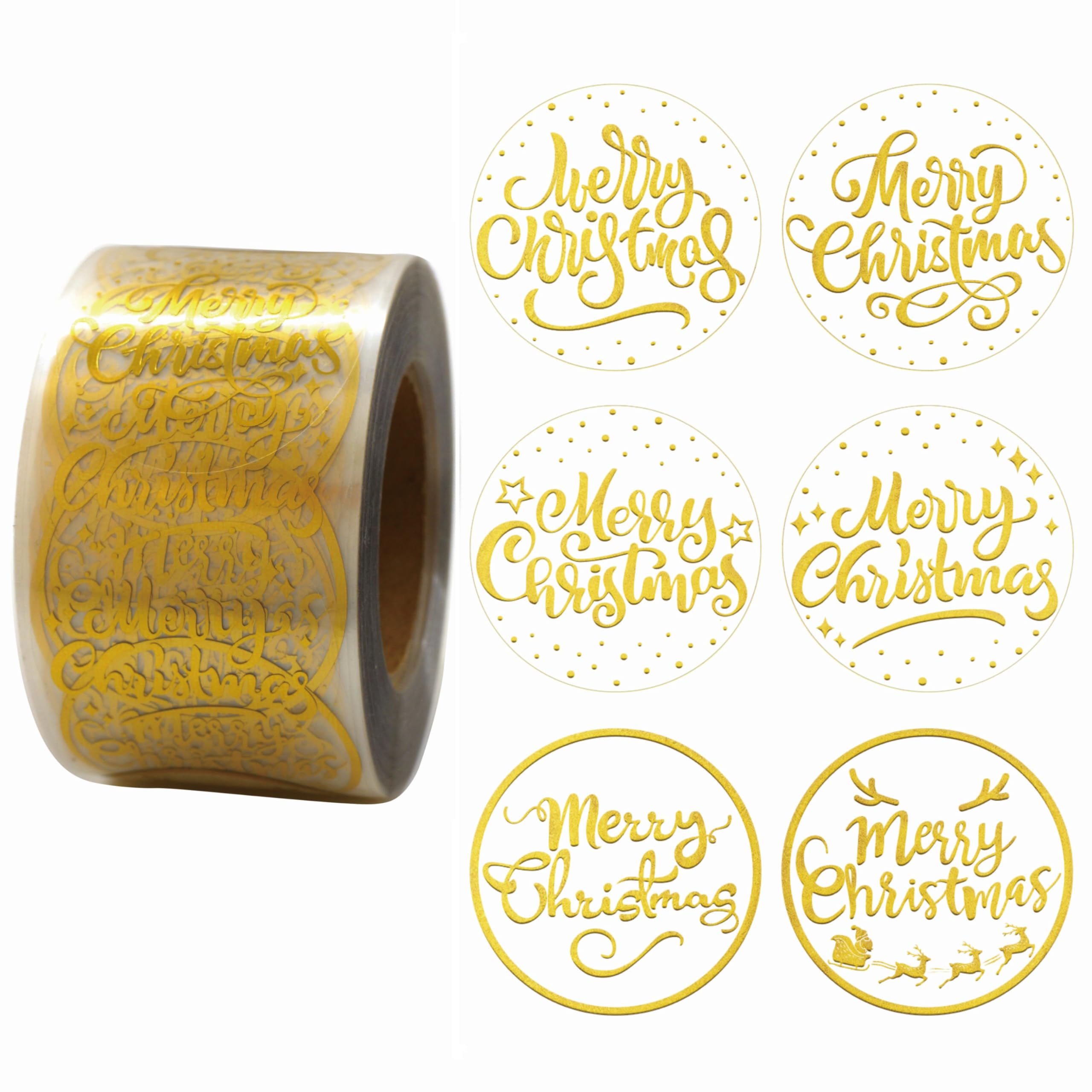 600 Gold Foil Merry Christmas Stickers - 1.5 Inch Clear Holiday Stickers for Cards, Envelopes, Gifts, Bags & DIY Crafts - Perfect for Christmas Decorations, Party Favors & Winter Holiday Scrapbooking