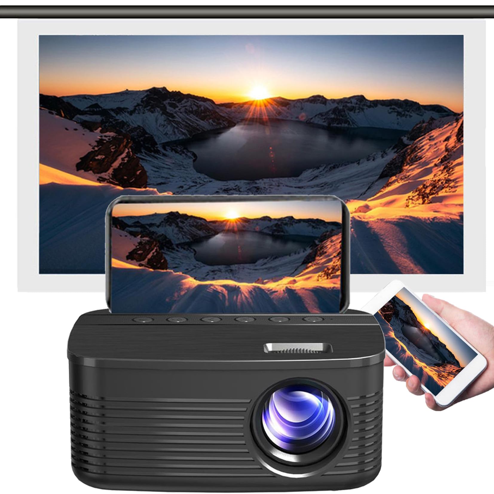 HCPZL 100-inch Wireless WiFi Smartphone Screen Mirroring Projector, Portable Outdoor Movie Projector for Camping & Backyard, Home Theater HD LED Mini Projector with Bluetooth Speaker - Native 1080P Full HD (Black) - Perfect for Movie Nights, Gaming & Presentations