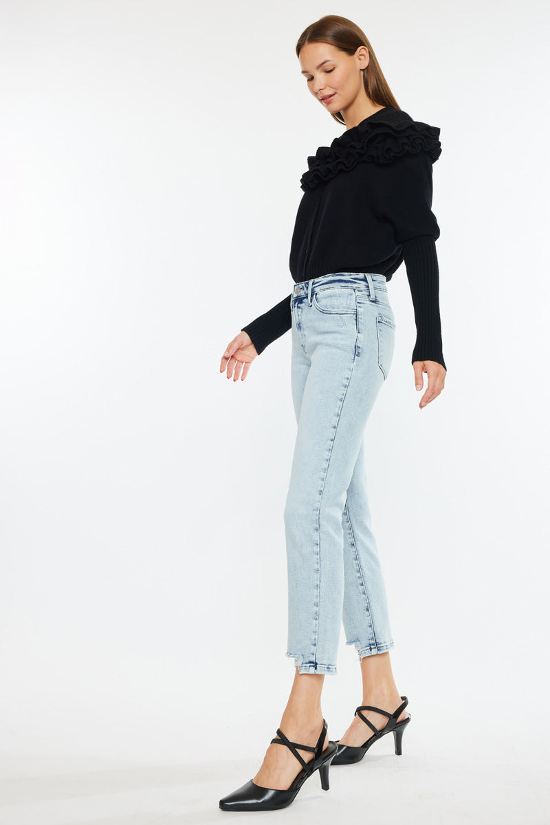 Pam Essentials Mid Rise Crop Straight Jeans - Women's High Waisted Stretch Denim Pants for Casual Wear & Everyday Outfits