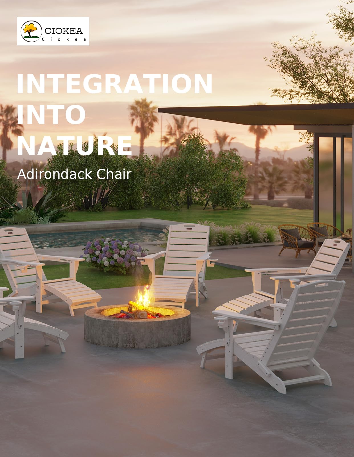 Ciokea Folding Adirondack Chair with Retractable Ottoman & Fire Pit - Weather-Resistant Patio Lounge Chair with Pull-Out Footrest & 2 Cup Holders - Perfect for Backyard, Poolside & Camping (White)