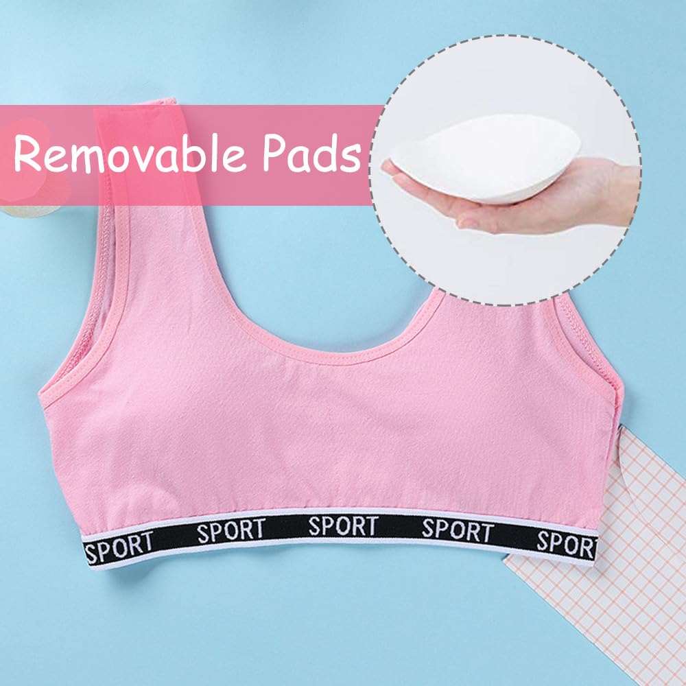 5 Pack Girls Sports Bras - Cotton Training Bras with Removable Pads, U-Shape Back Support for Teenage Girls 8-15 Years - Perfect for Gym, Yoga & Everyday Wear