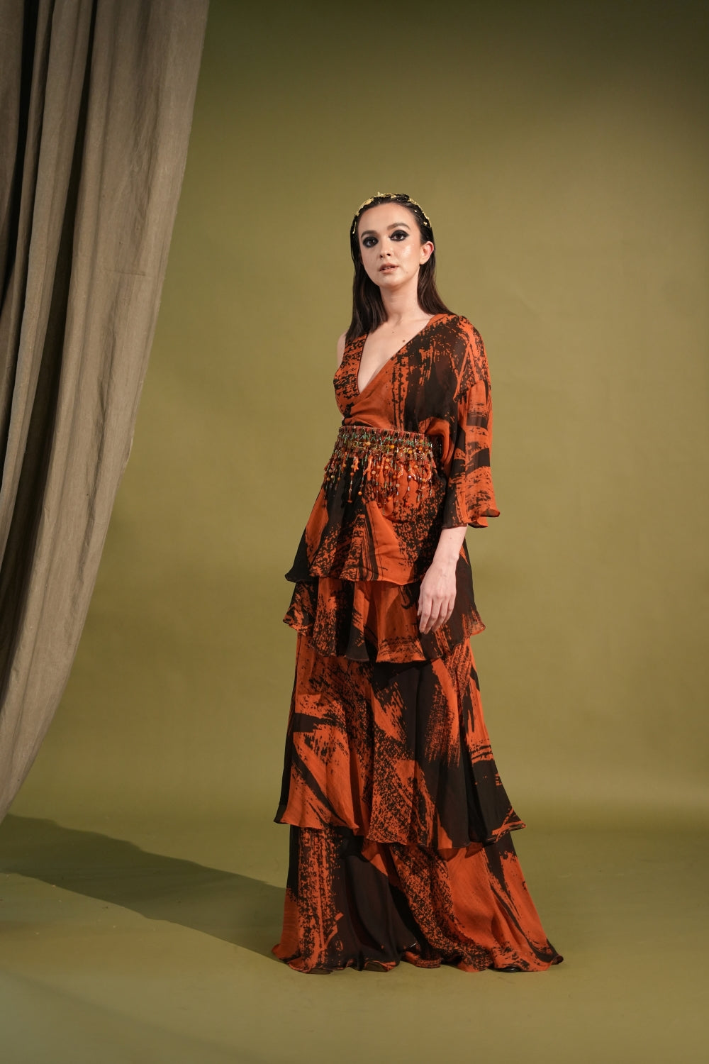 Orange & Black Printed Saree Blouse with Belt Set - Elegant Indian Ethnic Wear for Weddings & Festivals