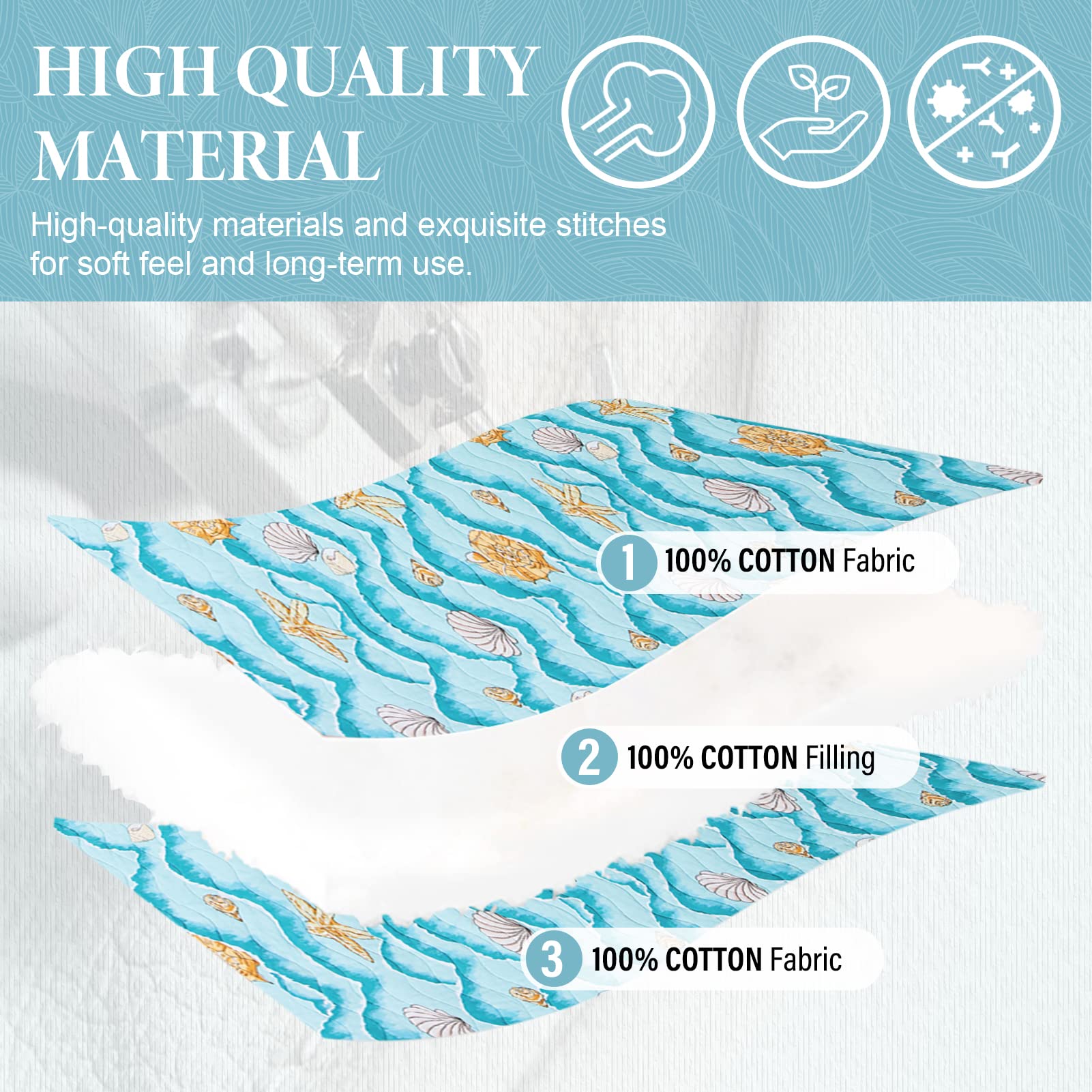 SahSahCasa 100% Cotton Queen Size Quilt Set - Reversible Lightweight Summer Comforter Bedspread for Adults & Kids | Coastal Blue 3-Piece Bedding | Perfect for Beach House, Guest Room & Summer Nights