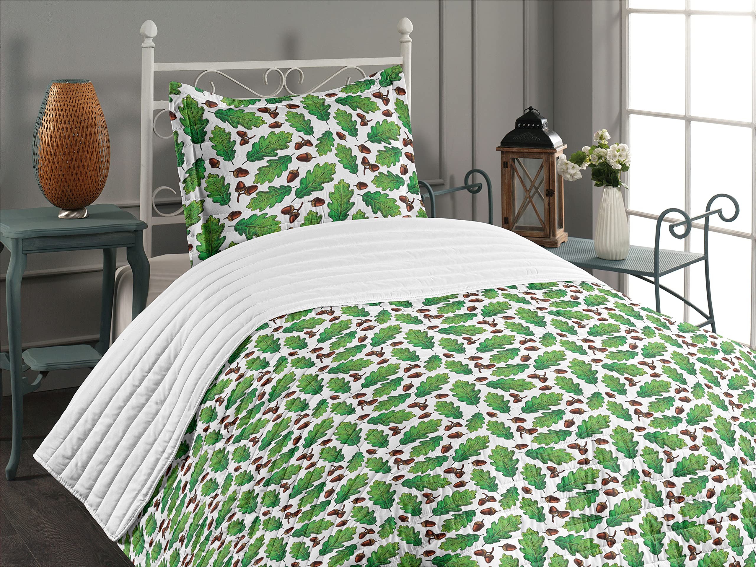Ambesonne Oak Tree Microfiber Bedspread Set - Leaf Timber Forest Pattern, Soft Twin Size Bedding with Pillow Sham & Comforter in White, Lime Green & Red Brown | Perfect for Nature-Themed Bedrooms, Guest Rooms & Cozy Cabin Retreats