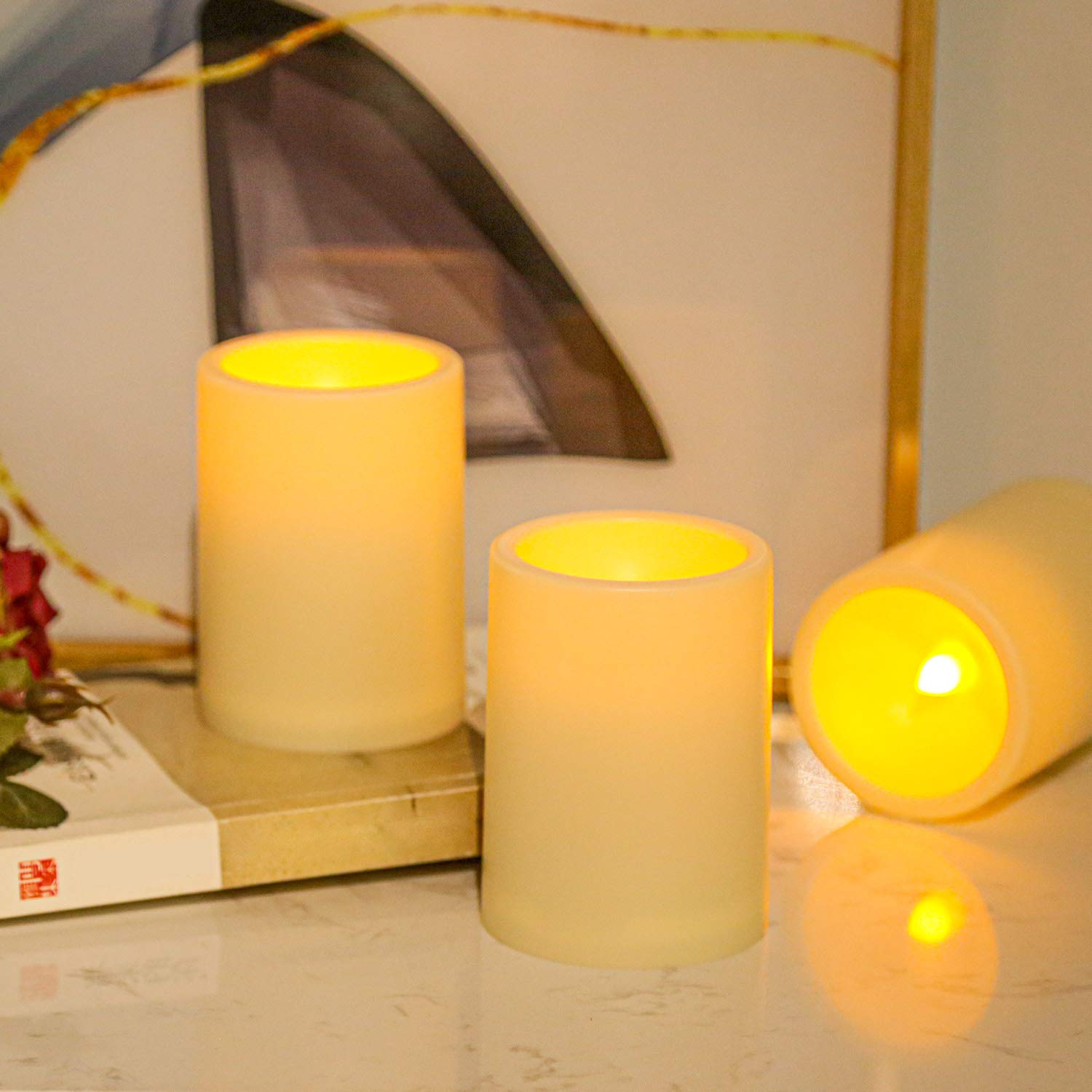 4 Pack Battery Operated Flameless LED Flickering Candles with Remote & Timer - 3x4 Inch Ivory Plastic Pillar Candles for Home Decor, Wedding, Party, Christmas Indoor & Outdoor Lighting