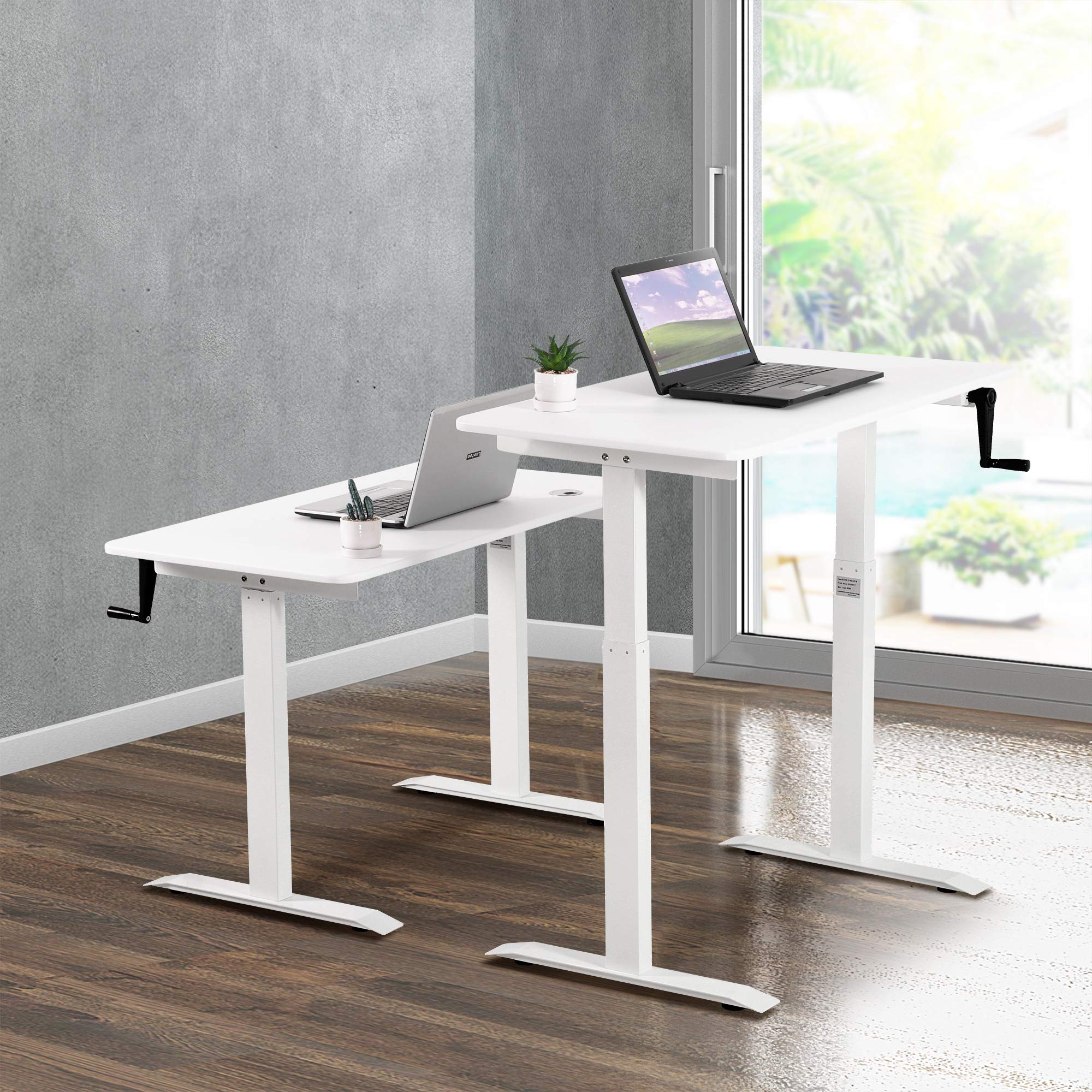 UNICOO - Adjustable Height Standing Desk, Sit to Stand Home Office Desk, Ergonomic Computer Table with Crank, Portable Writing & Study Desk (White Top/White Frame) - Perfect for Remote Work, Gaming & Small Spaces