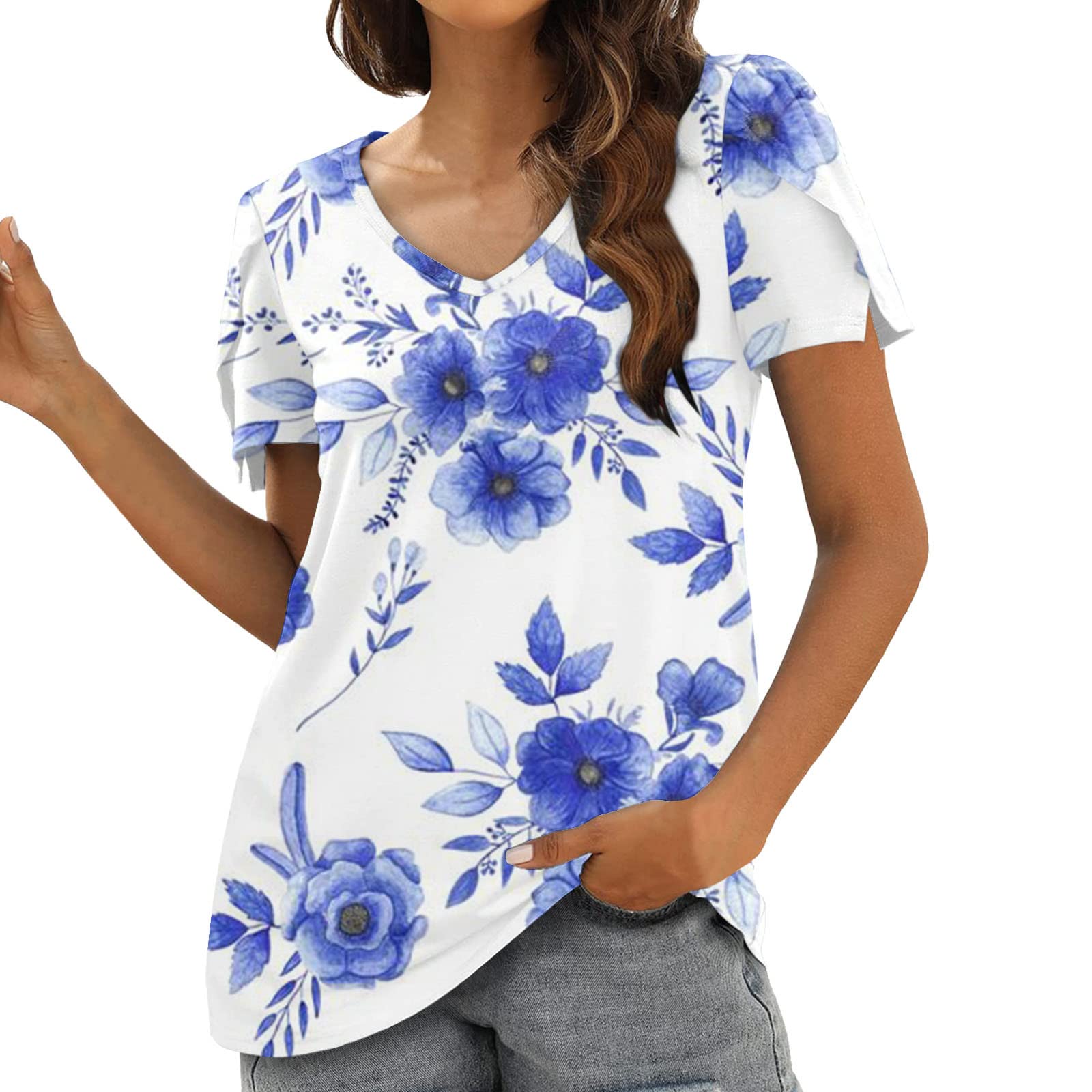 Women's Summer V-Neck Printed T-Shirt with Petal Sleeves - Casual Short Sleeve Blouse & Dressy Tank Top for Women | Perfect for Beach Outings, Date Nights & Office Wear